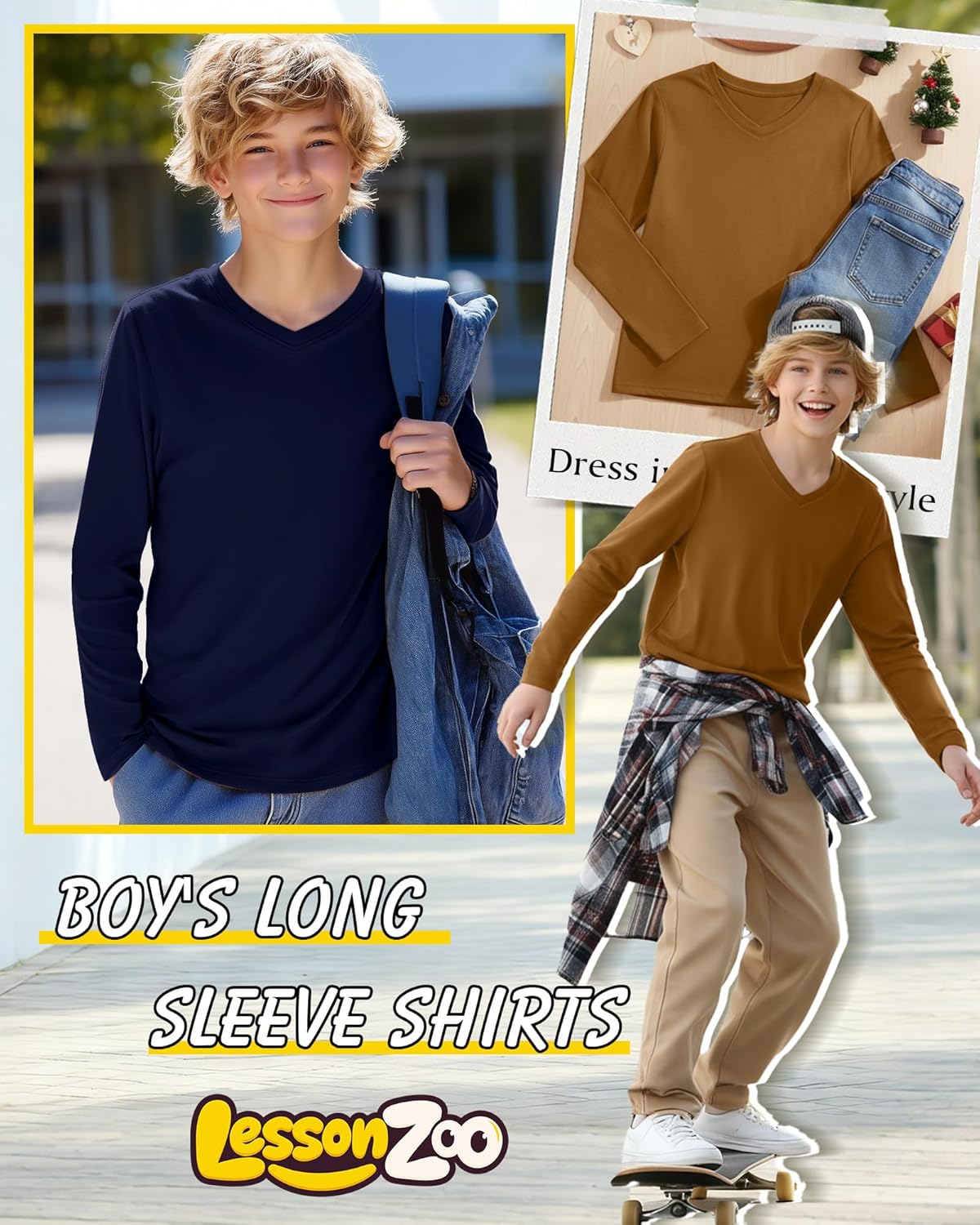 3 Pack Boy's Long Sleeve Shirts, Soft V Neck Tops Basic Tee Casual Loose Fit Tshirt for 5-16 Years Kids - Image 3