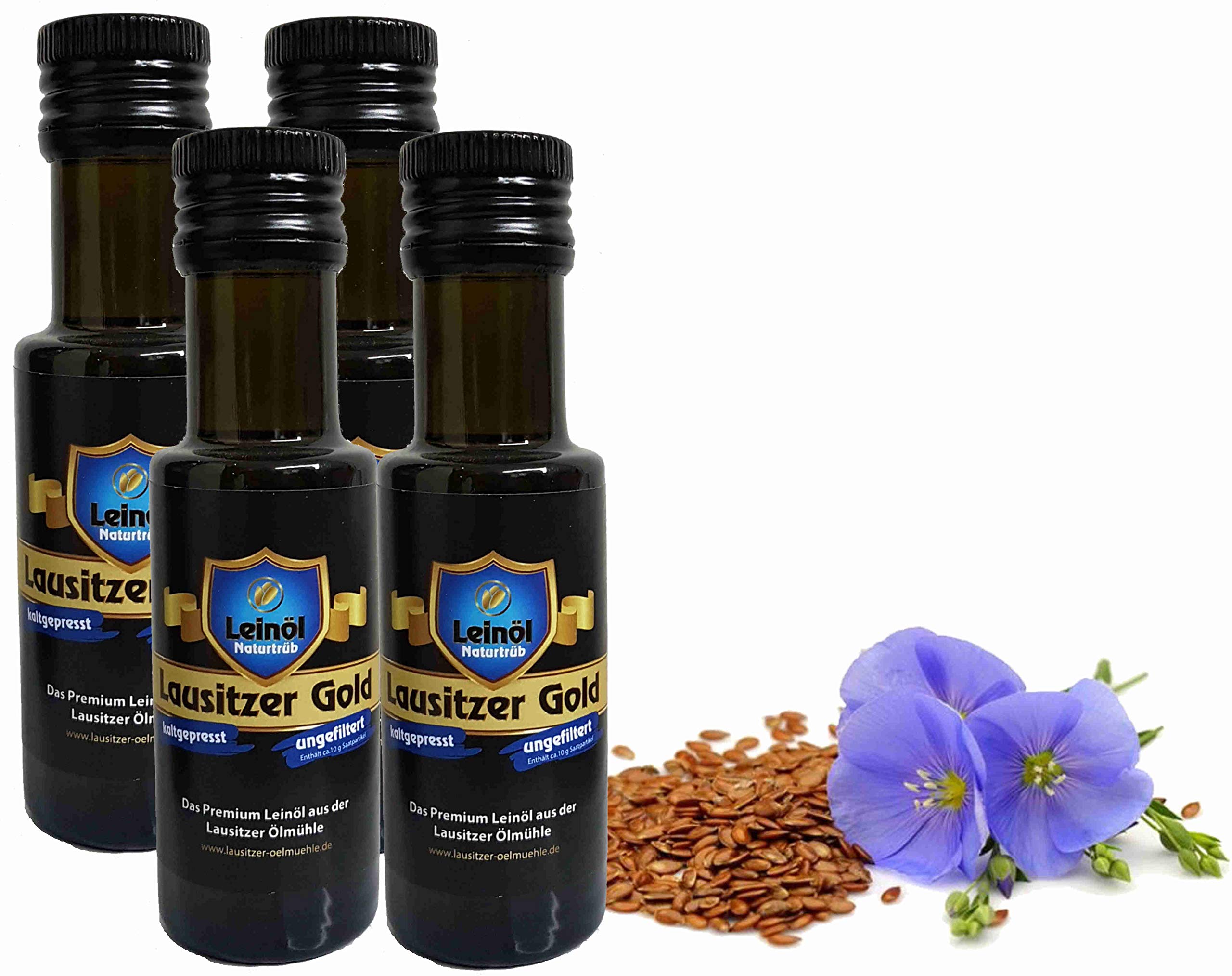 Leinöl Lausitzer Speiseleinöl Lausitzer Gold 4 x 100 ml ungefiltertes Premium Leinöl kaltgepresst und frisch abgefüllt
