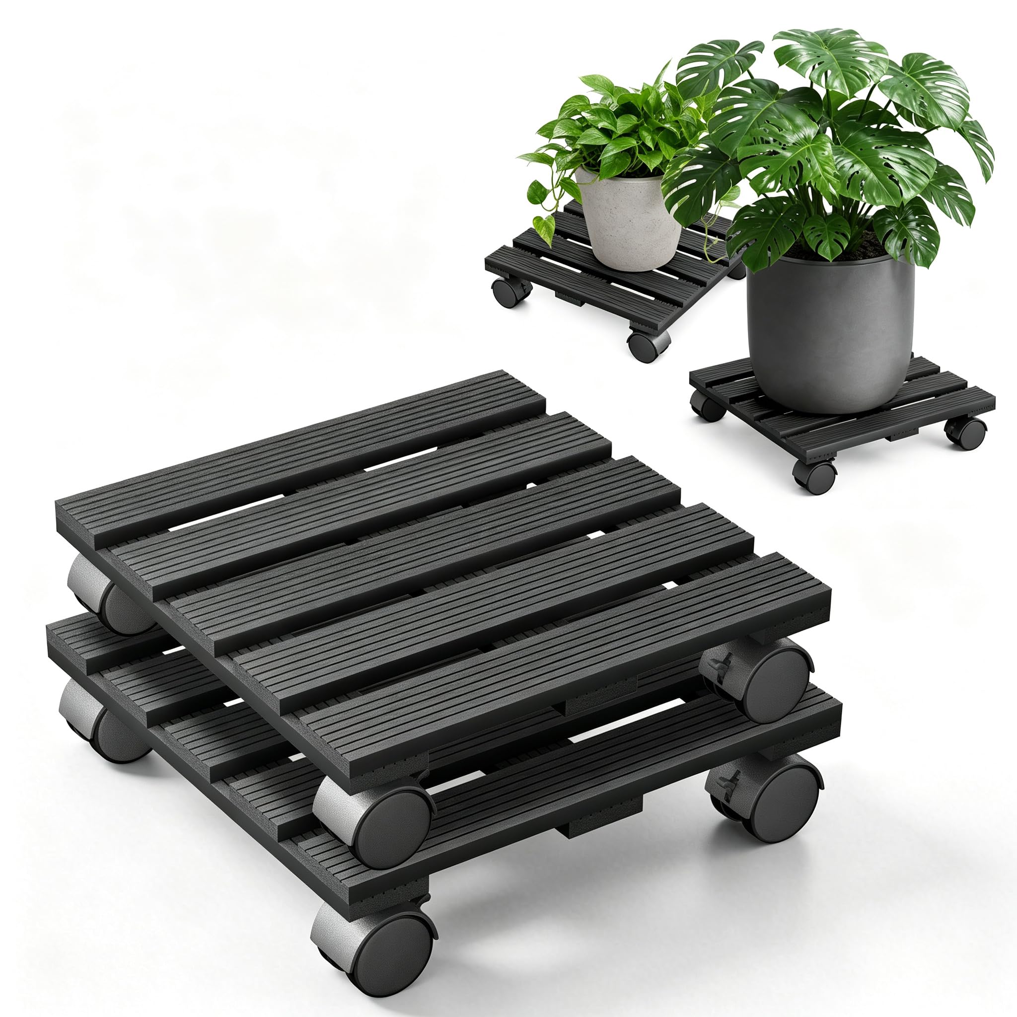 2 Pack Square Plant Caddy Stand with Wheels, WPC for garden,Anthracite