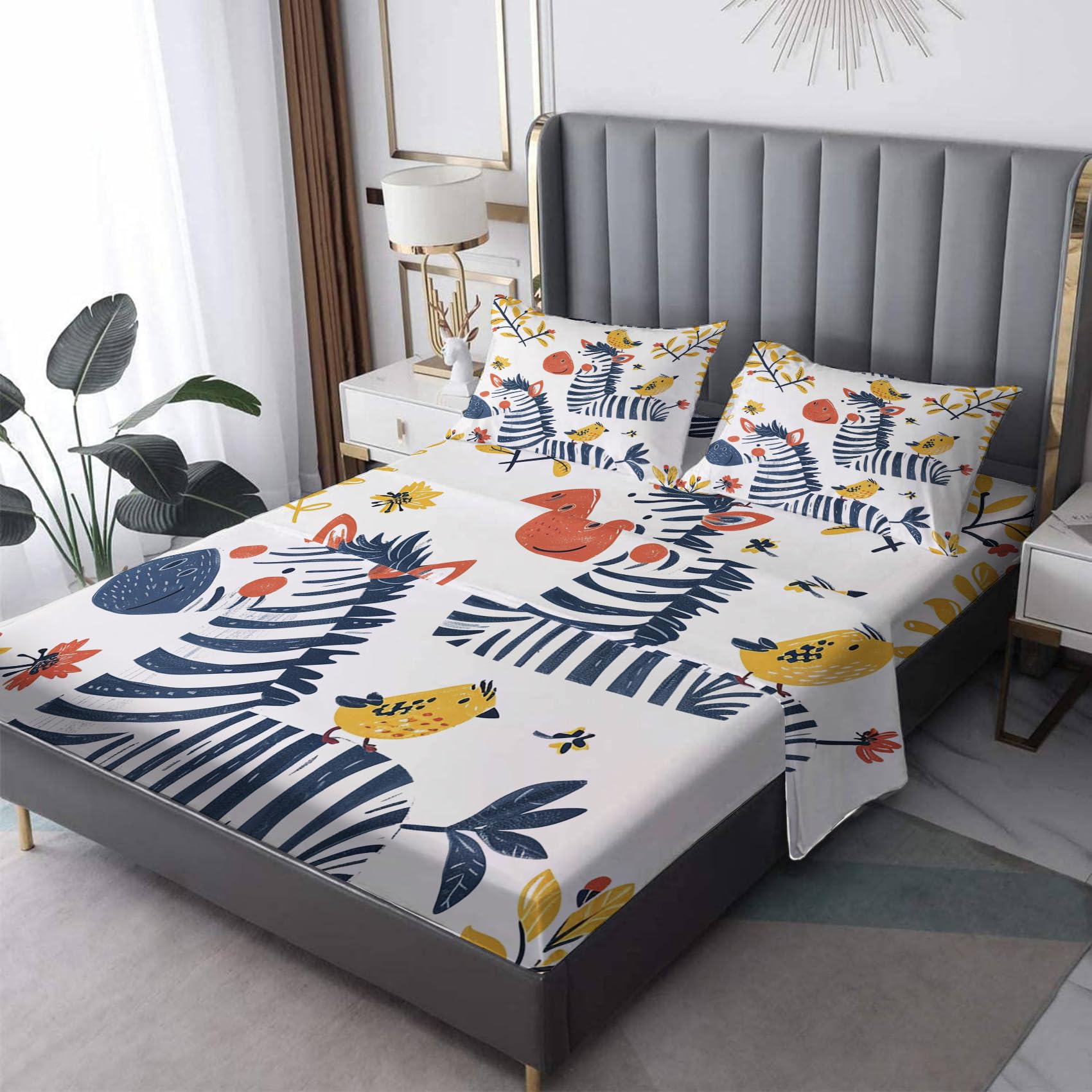 zcsm Kids Zebra Sheets Twin Sheet Set - Cartoon Animal Bed Sheets, Soft Microfiber & Deep Pocket & Wrinkle Free Patterned Bedding Sheets & Pillowcases