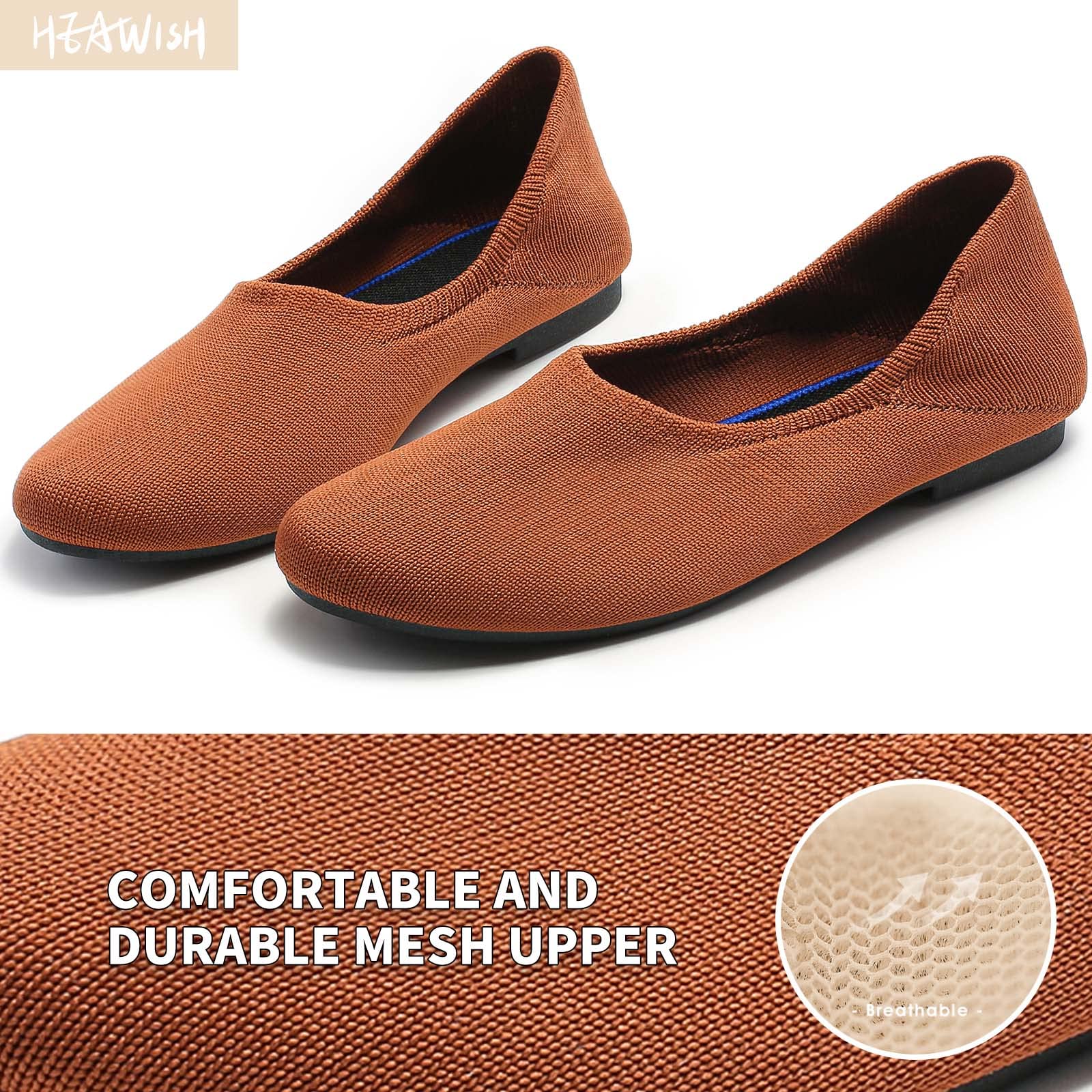 HEAWISH Womenâ€™s Comfortable Flats Shoes Round Toe Slip On Mesh Dress Shoes Ballet Flats (Tan, US11)