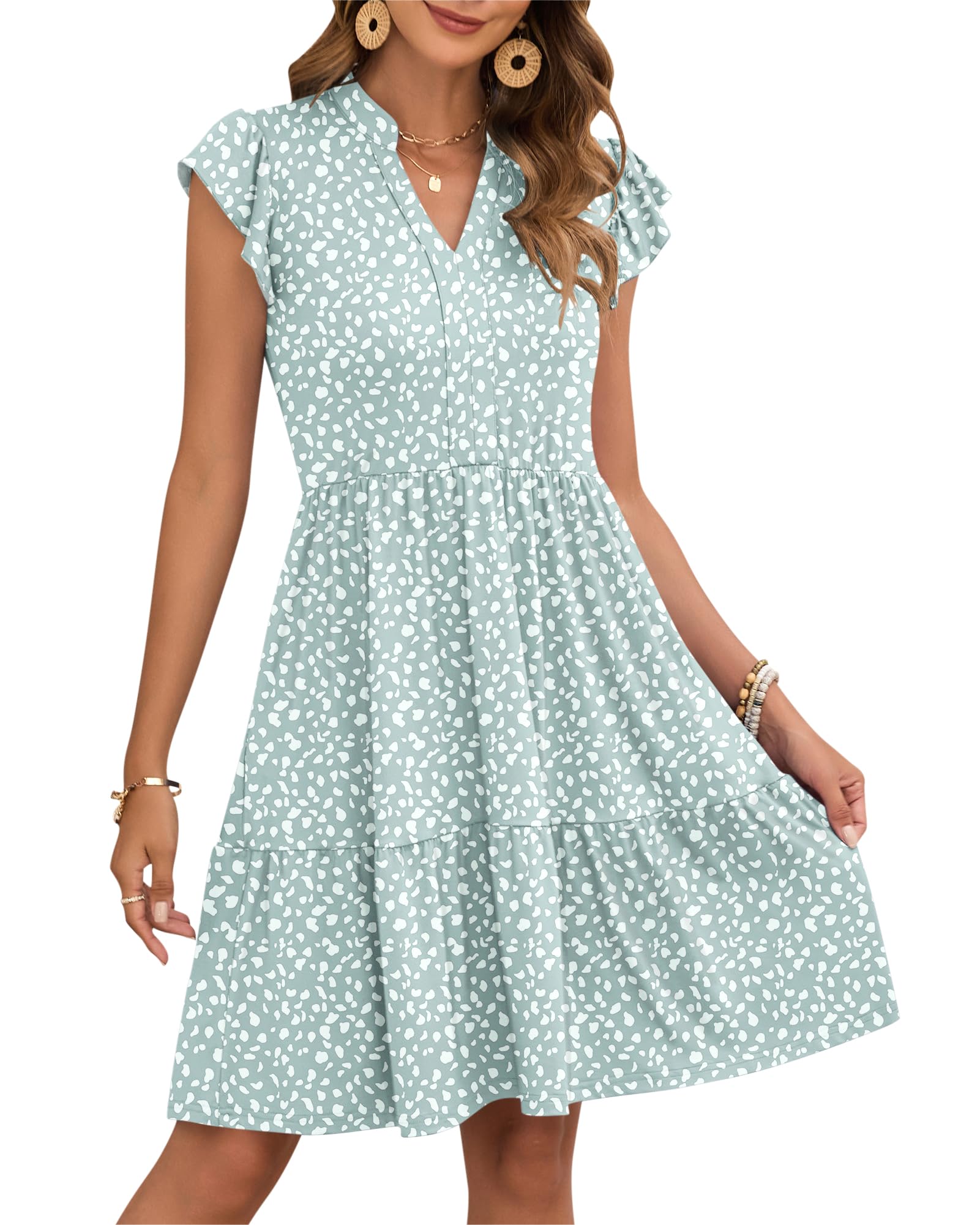 AUSELILY Vestito Donna Estivo con Scollo a V Maniche a Volant Mini Abito Vita Elastica Vestiti Casual con Tasche