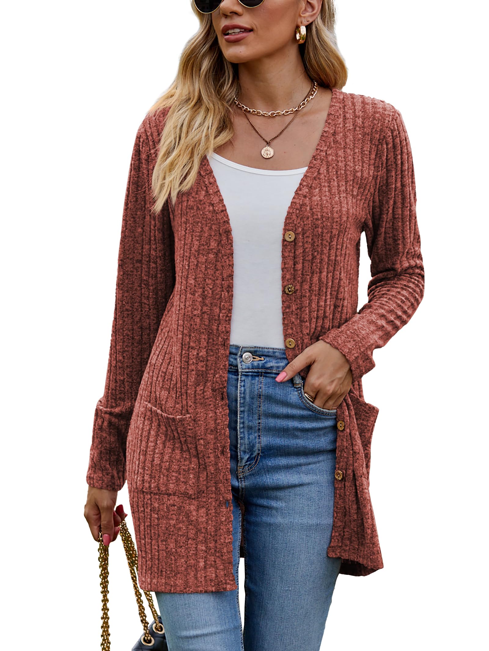 Famulily Frauen Langarm Open Front Cardigans, Button Down V Neck Leichte Outwear Pullover mit Taschen