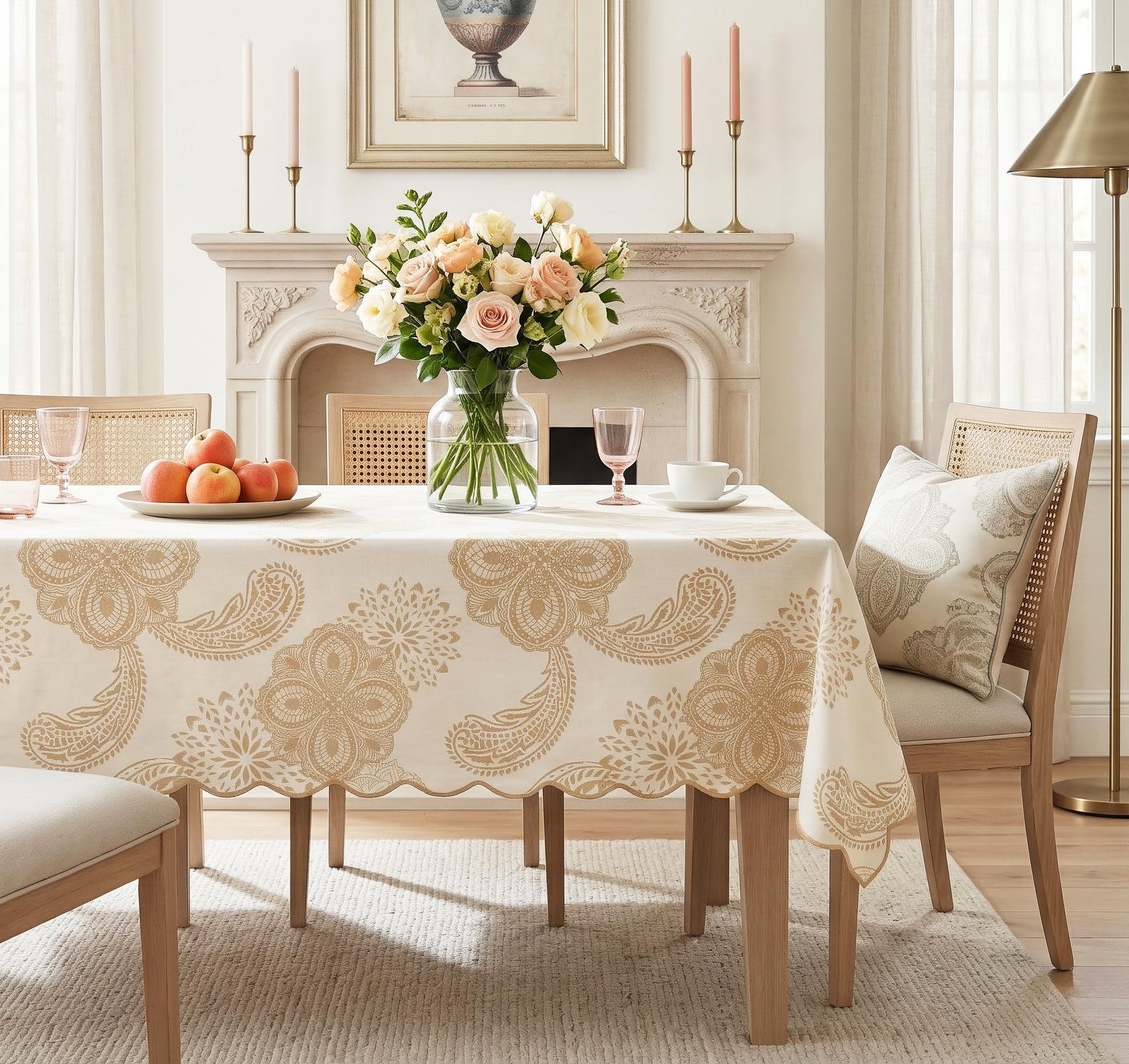 Printed Rectangle Tablecloth for 4 Seater Dining Table | Scalloped Edge Table Cover | Washable Fabric Dining Table Linen-Golden Damask (190 x 150 CM)-image-16