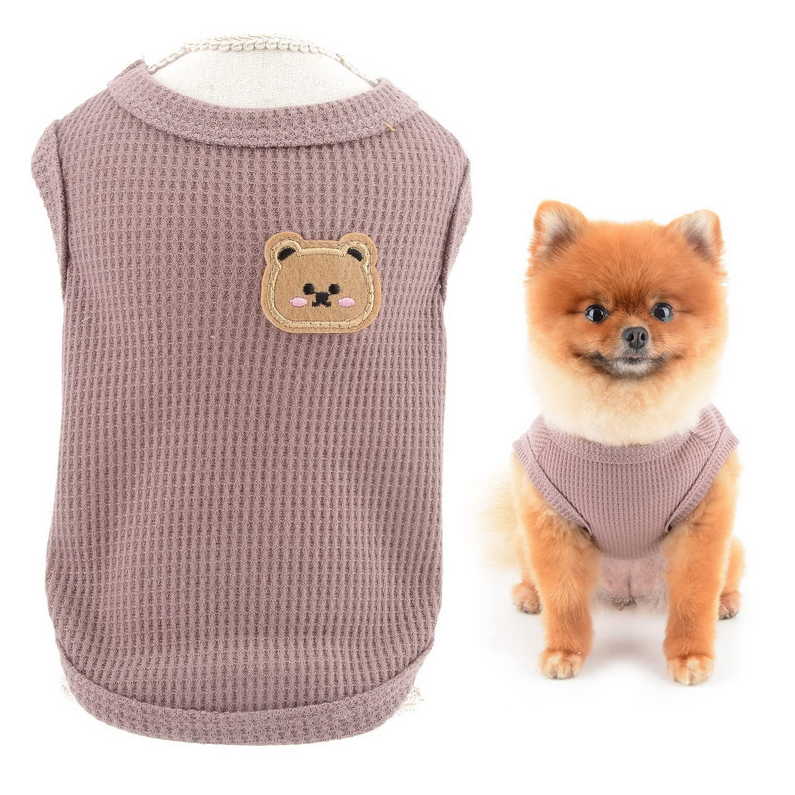 SMALLLEE_LUCKY_STORE Cute Bear Waffle Knit Tank Top Puppy T-shirt for Small Dogs Cats Boy Girl Stretchy Tee Shirt Vest Yorkie Chihuahua Pet Summer Clothes,Purple,S โ image 1