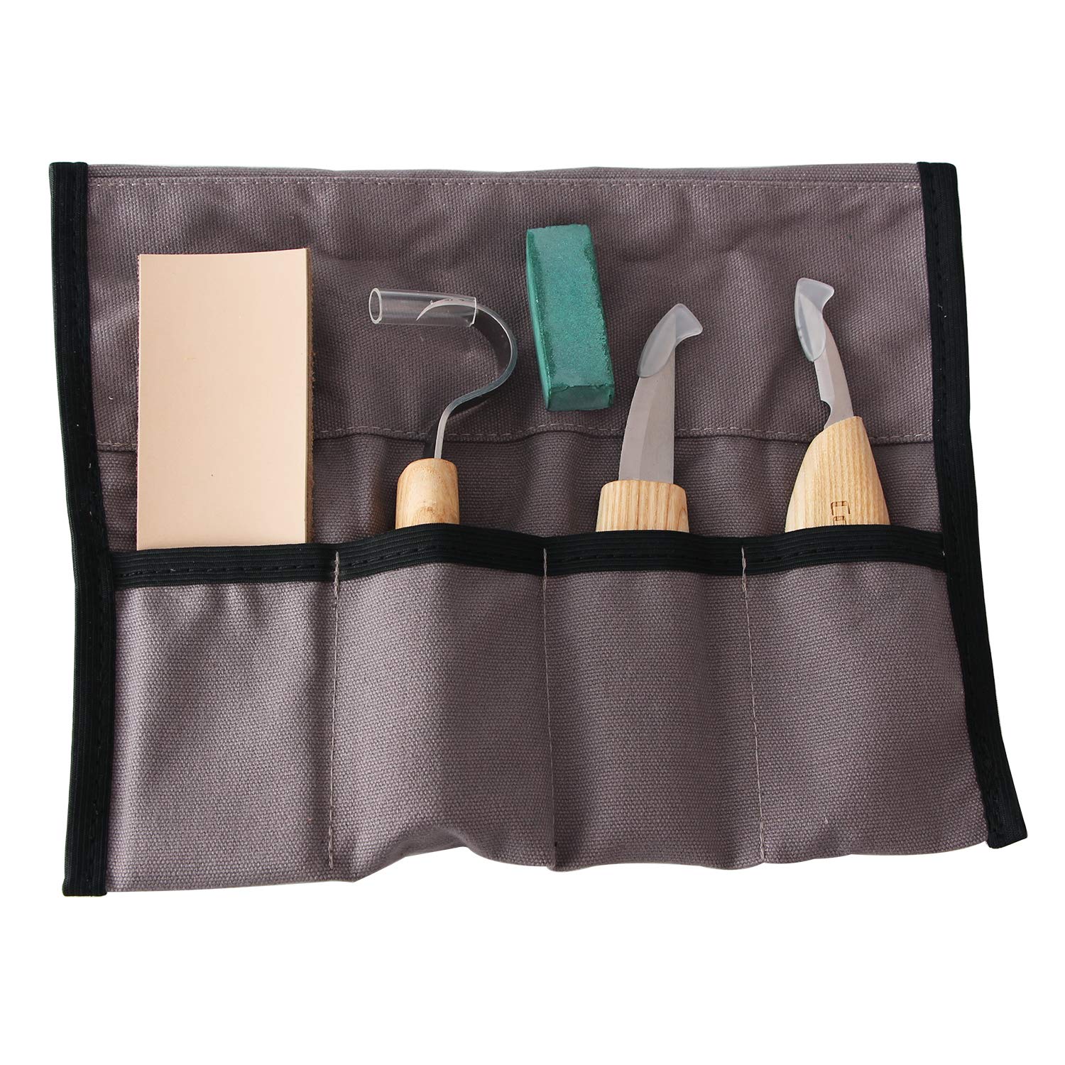Cuchillo de Gancho de Talla de Madera para tallar cucharas Tazones Kuksa y Tazas, Herramientas de Tallado de Cuchara para diestrus Viene con un compuesto de pulido de cuero y una bolsa de tela