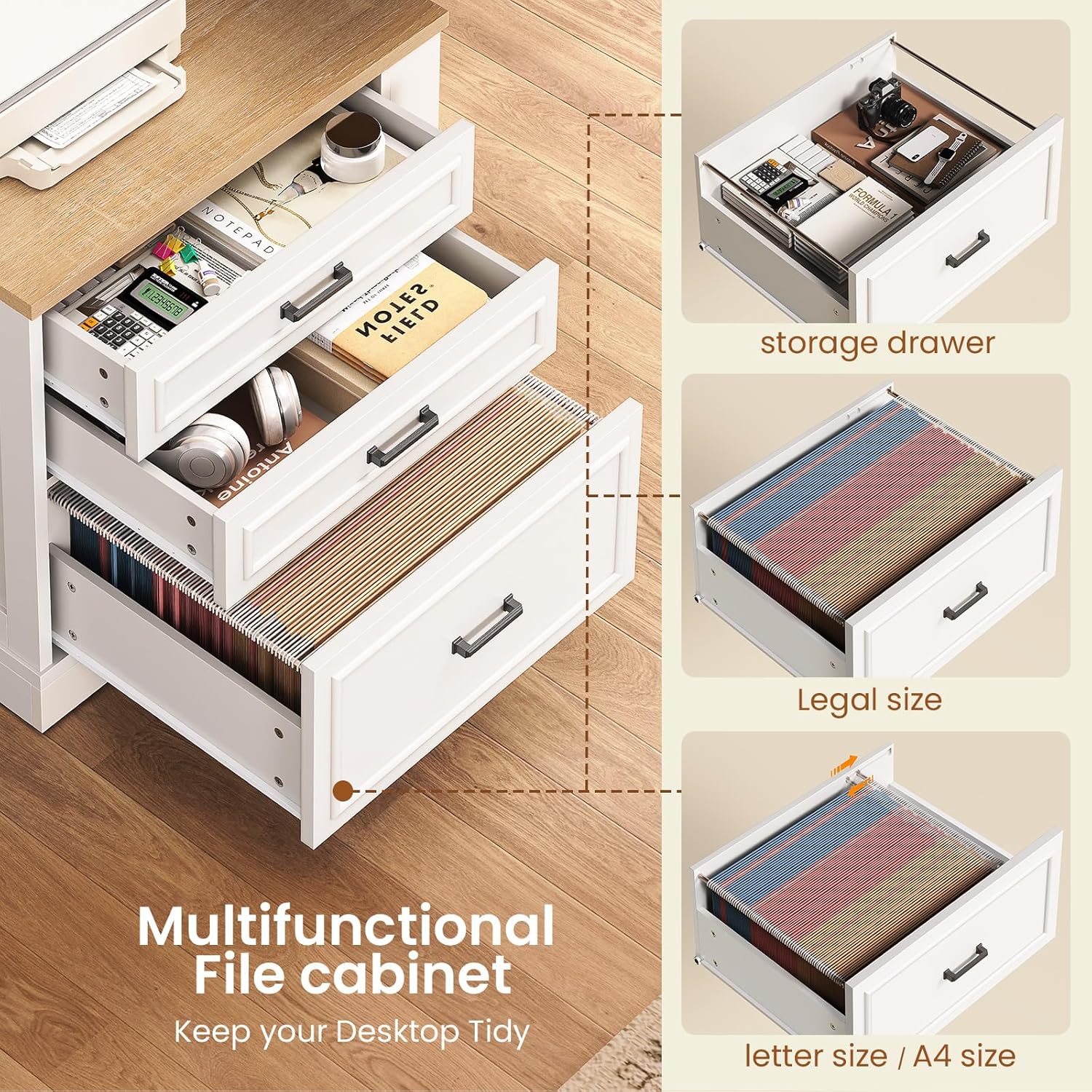 Open drawers of the multifunctional file cabinet showing storage for various items and files