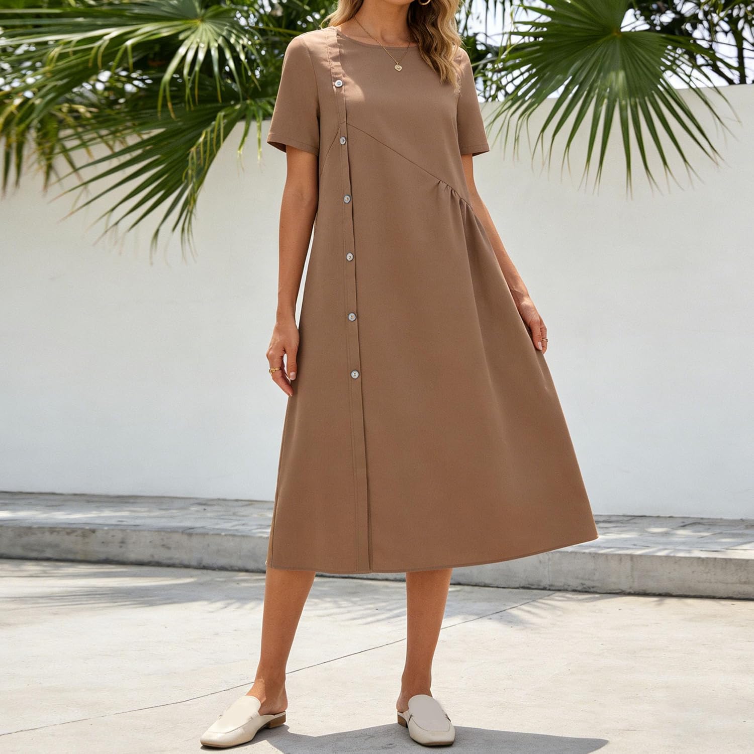 Women's Side Button Beach Midi Dress Casual Loose Half Sleeve Summer Sundresses for Women