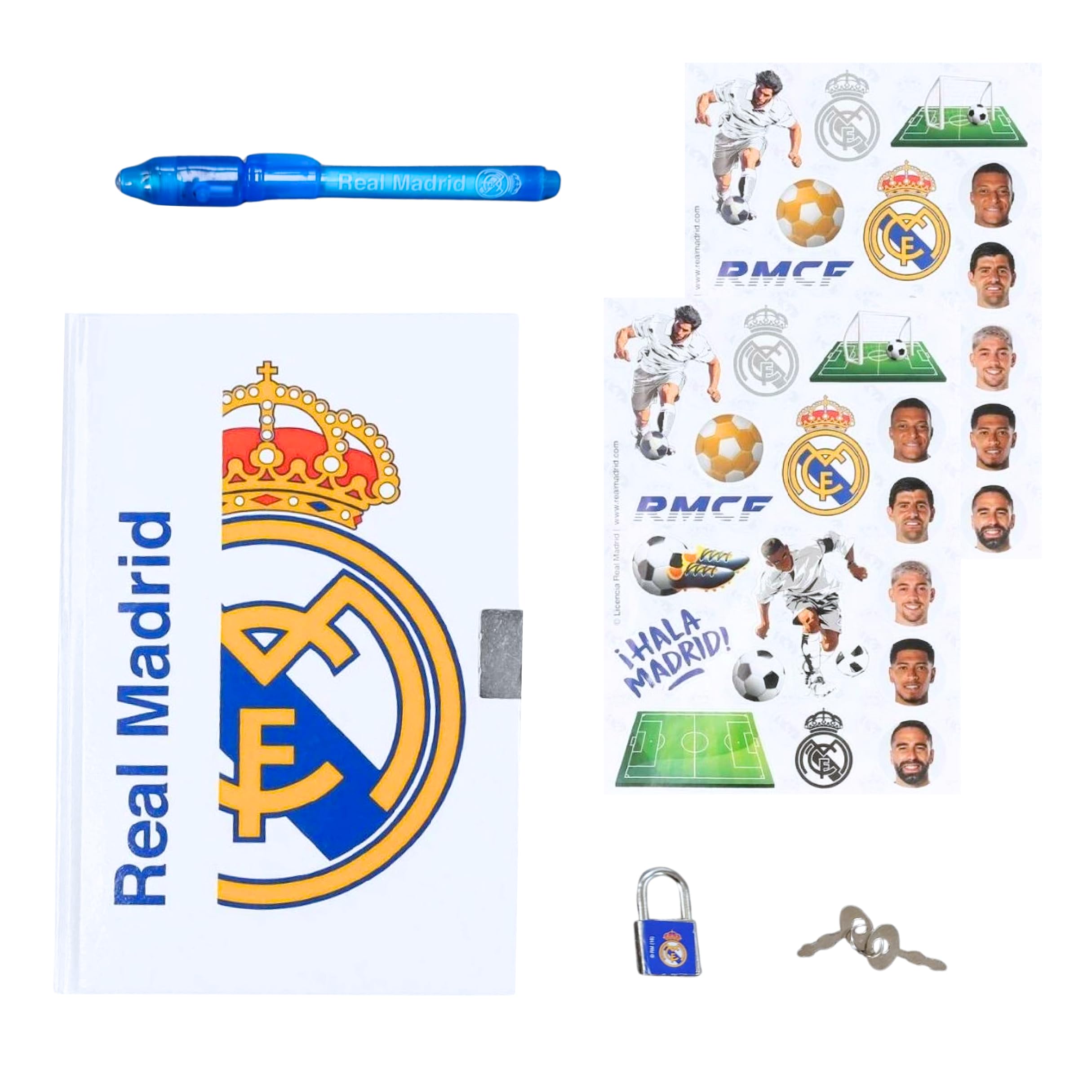 CF REAL MADRID Juego de Papelería para Niños, Incluye Cuaderno Boligrafo Pegatinas y Candado con Llaves, Regalo para Niños