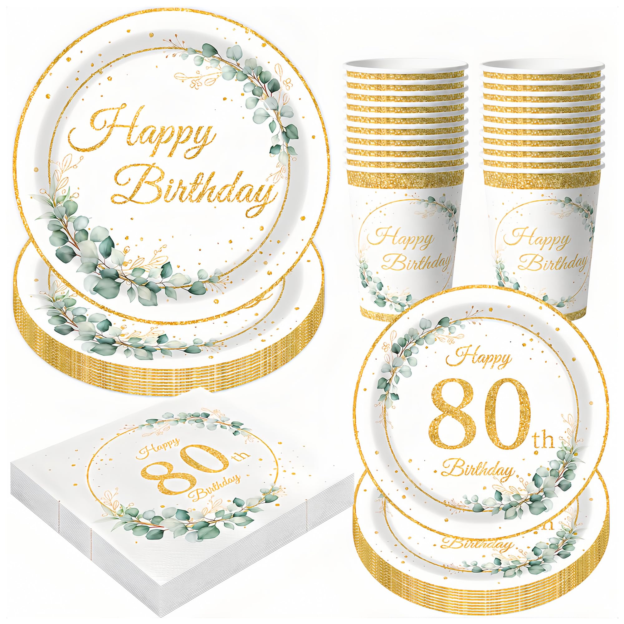 68Pcs 80th Birthday Tableware Eucalyptus Green 80th Birthday Cups Paper Plates (7+9in) Napkins 80th Birthday Dinnerware Table Decoration Set for Men Women Party Supplies (16Guests) — image 1