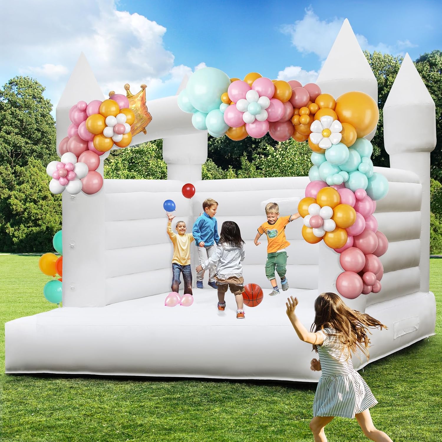 14FT PVC White Bounce House, Inflatable Bouncer for Kids, 3 in 1 Jumper Bounce House Bouncy Castle for Kids, Indoor & Outdoor, Party, with 750W Blower, Balloon, 2 Basketball Set (White, 14FT) White 14FT