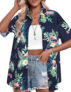 HOTOUCH Womens Hawaiian Shirts Button Up Casual Floral Tropical Shirt Summer Beach Shirt Cool Short Sleeve Blouse Tops