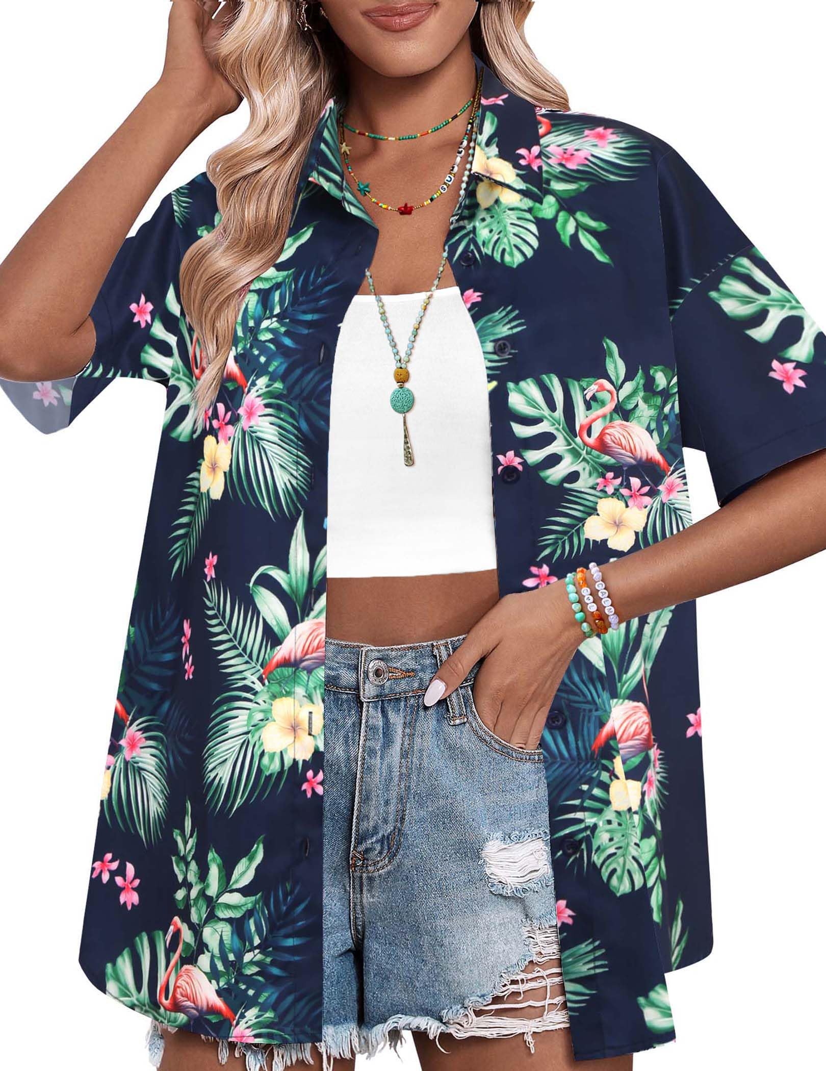 HOTOUCH Womens Hawaiian Shirts Button Up Casual Floral Tropical Shirt Summer Beach Shirt Cool Short Sleeve Blouse Tops
