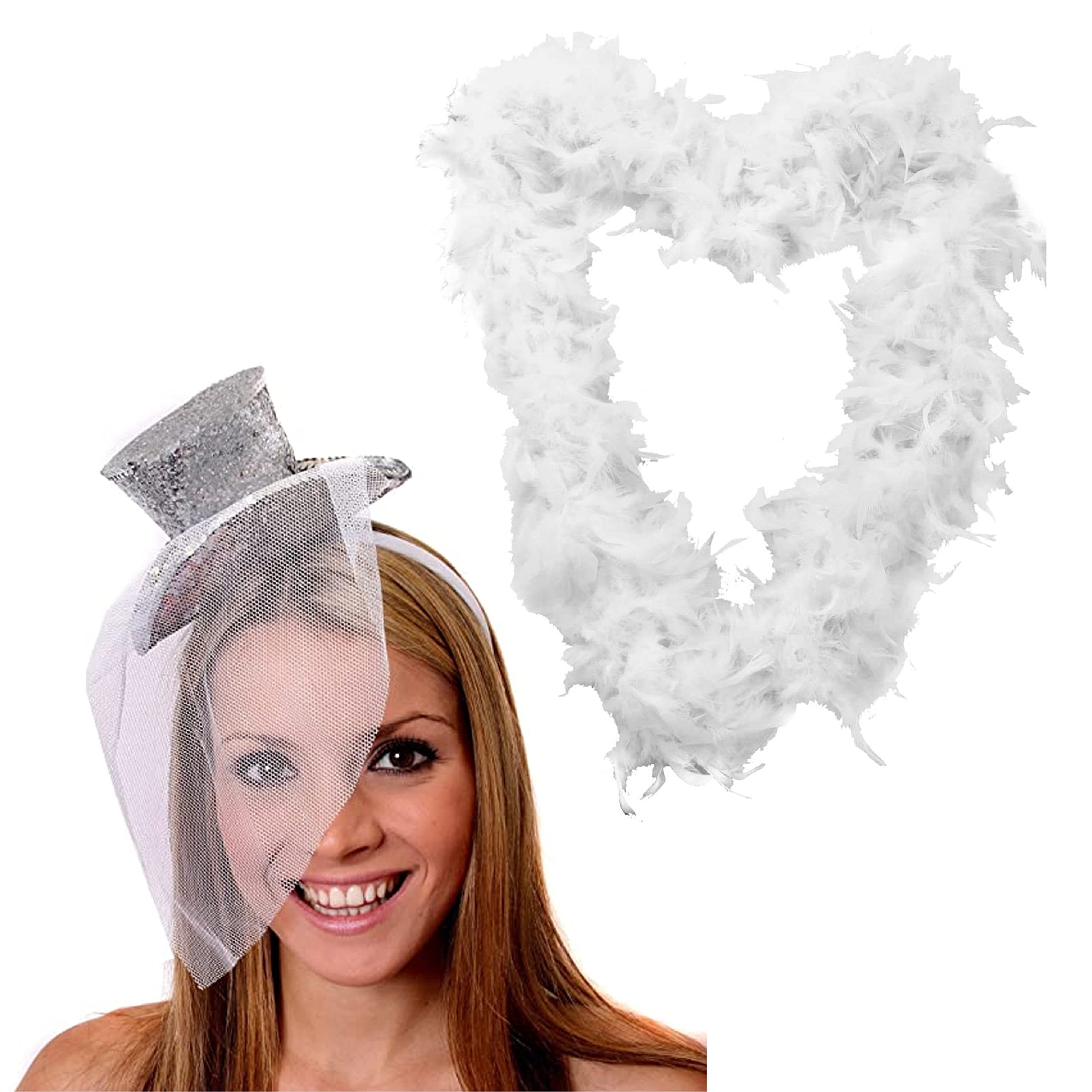 LADIES TOP HAT + FEATHER BOA FANCY DRESS ACCESSORY SET COLOURED GLITTER FASCINATOR HAT AND MATCHING COLOURED FEATHER BOA BURLESQUE HEN NIGHT (SILVER) — image 1