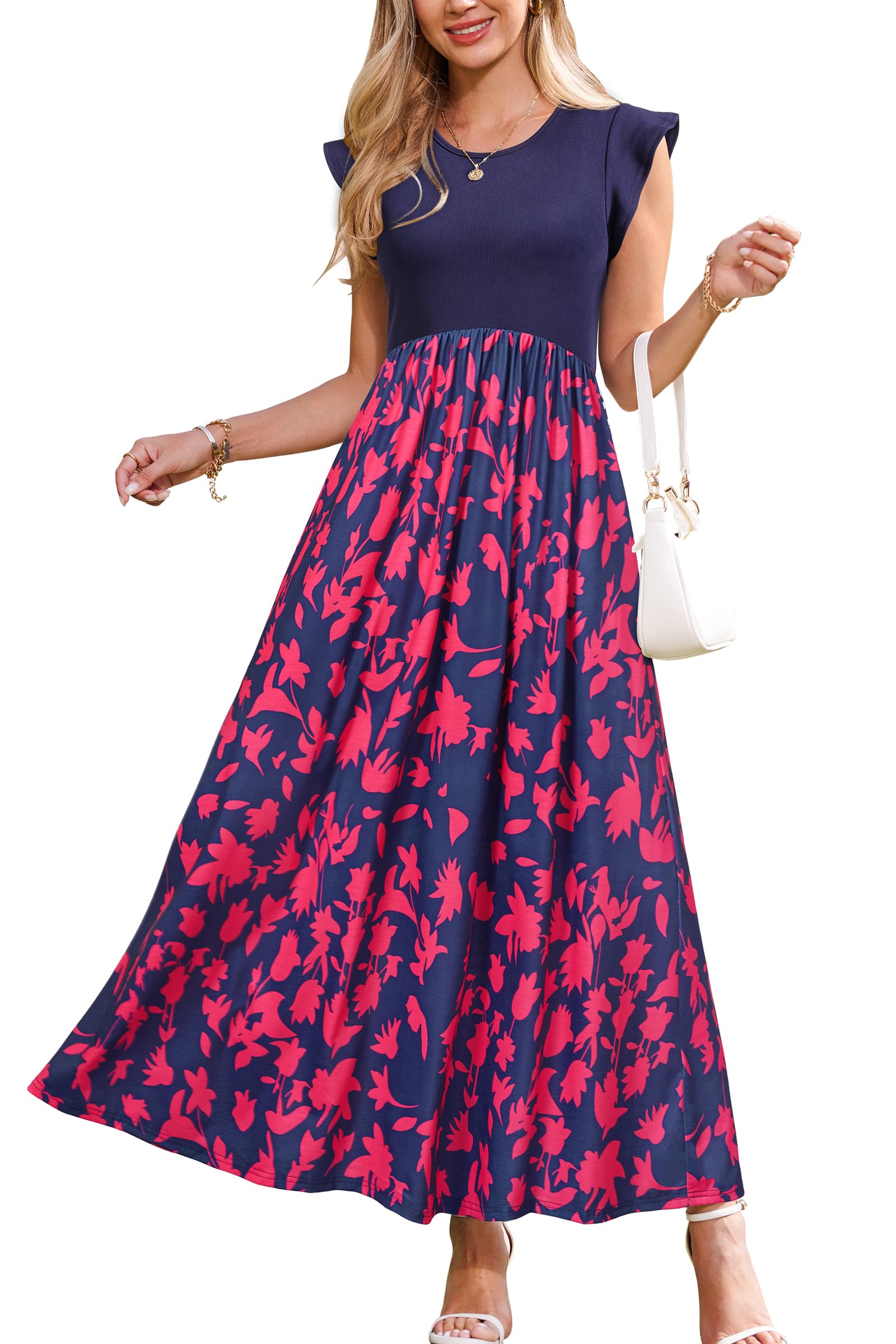OUGES Women's Ruffle Sleeve Patchwork Maternity Maxi Dress with Pockets
