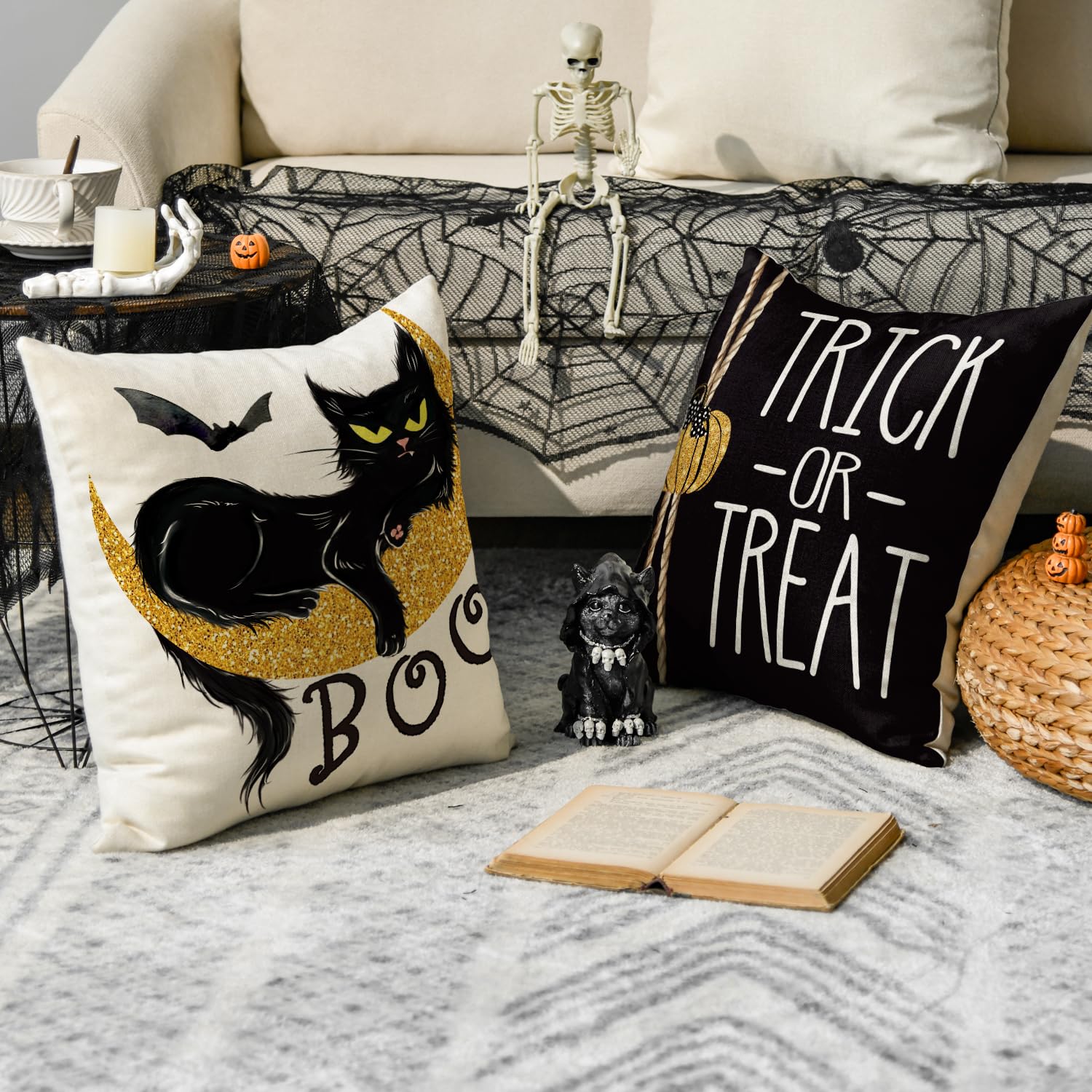 Happy Halloween Boo - Juego de 4 fundas de almohada con diseño de gato negro, 18 x 18 pulgadas, diseño de murciélago de calabaza espeluznante para sofá 3