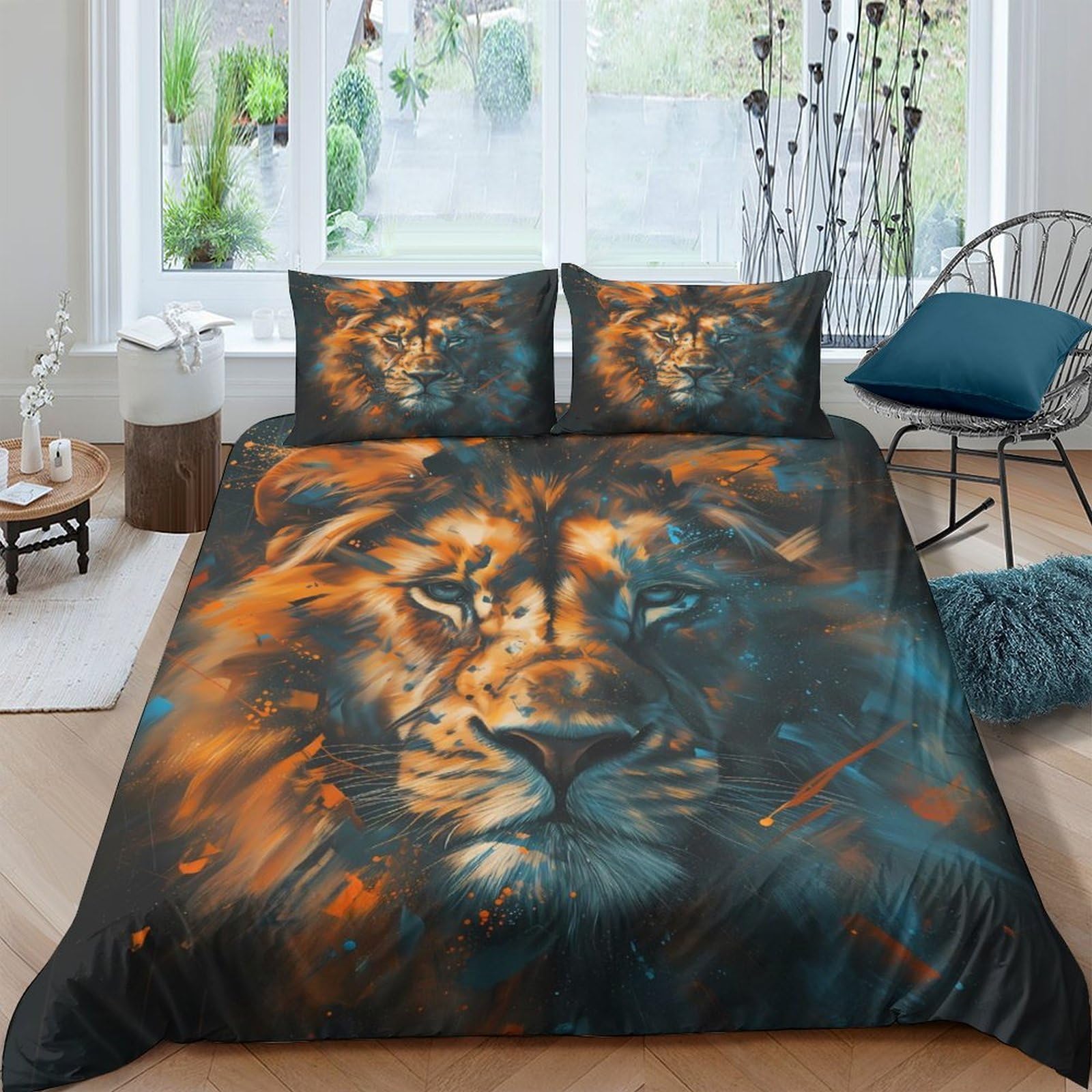 Ctjqhvkz Style-6 3D Printed Lion King Fitted Sheet Microfiber Soft Orange Blue Jungle Mattress Cover For Bedroom Dorm Mattress Protection Decor Single（135X200cm）