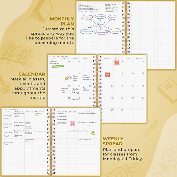 Clever Fox Teacher Planner Spiral, Undated Gradebook Homeschool AmberYellow