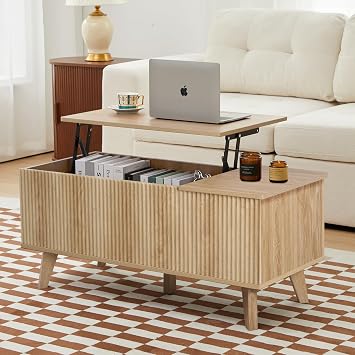 Wooden Fluted Lift Top Coffee Table with Hidden Compartment, Modern Rectangle Center Tables with Adjustable Storage Shelf, Lift Tabletop Dining Table for Home Living Room OfficeNatural