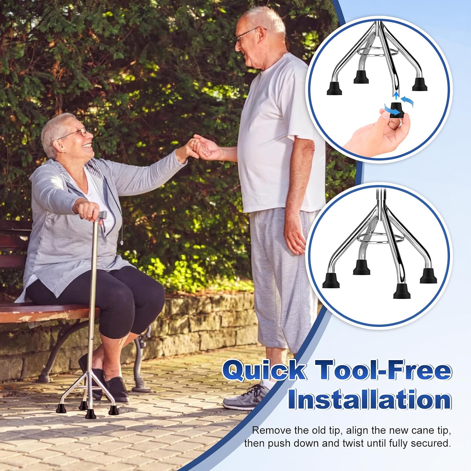 MFE Quad Cane Tips (4 Pack) - Heavy Duty 1/2 Inch Replacement Rubber Foot - Non-Slip Traction Grip Cane Tip Base - Durable Accessories for Walking and Standing Stick for Women, Men, Seniors, Elderly