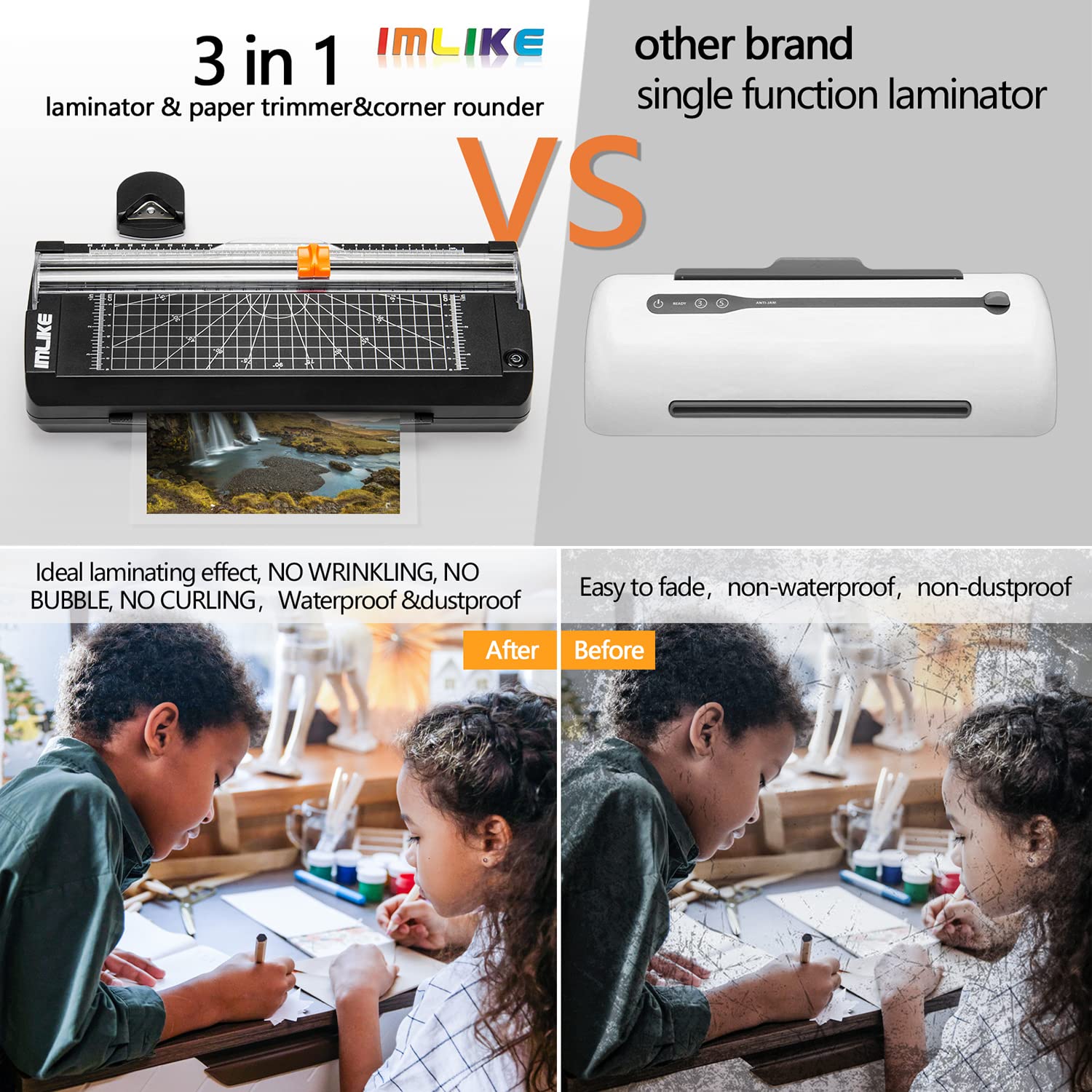 IMLIKE Laminator termiczny A4 z workami do laminowania, 9-calowa maszyna do laminowania zdjęć, zintegrowany trymer do papieru, czarny laminator 6 w 1 do użytku domowego, szkoły i biura