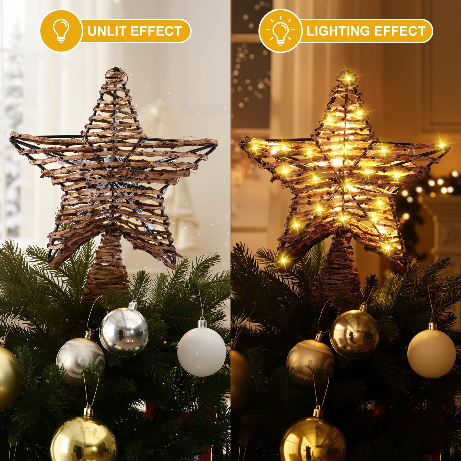 Threan Estrella de ratán de Navidad, 14 pulgadas de arpillera de ratán con luces cálidas, decoración rústica para árbol de Navidad, adorno de árbol de Navidad, fiesta en el hogar en interiores (15