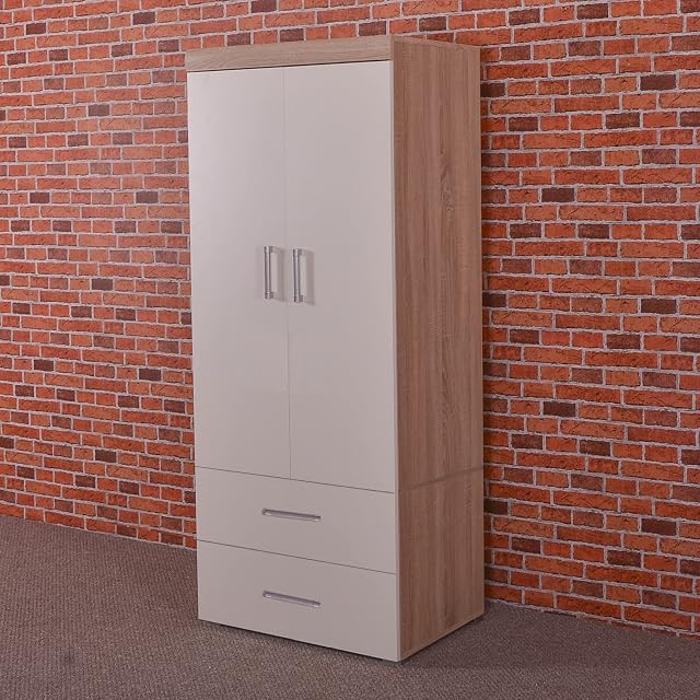 2 Door 2 Drawer Double Wardrobe in White & Sonoma Oak Bedroom Furniture Robe with Hanging Rail
