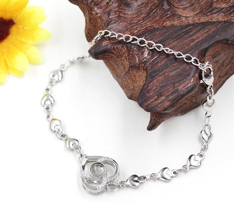Uloveido Cute Stainless Steel Heart Link Chain Bracelet | 100 Different Languages I Love You Projection Bracelets for Women Girls