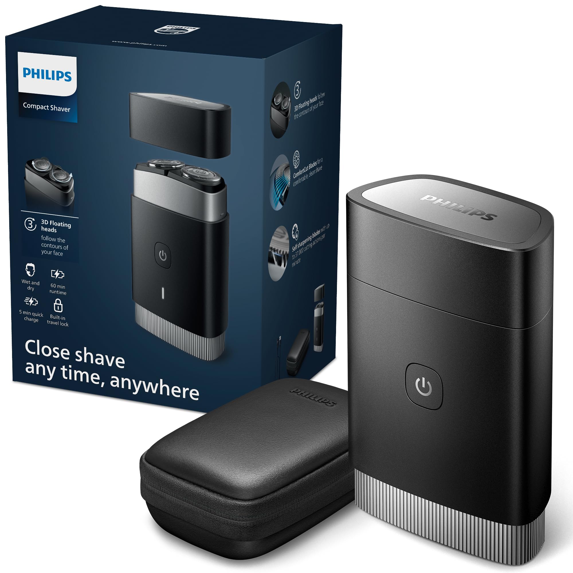 Philips Philips Portable Shaver, On-The-Go Wet and Dry Electric Shaver, ComfortCut Blade System, 3D Floating Heads, Compact Design, Powe