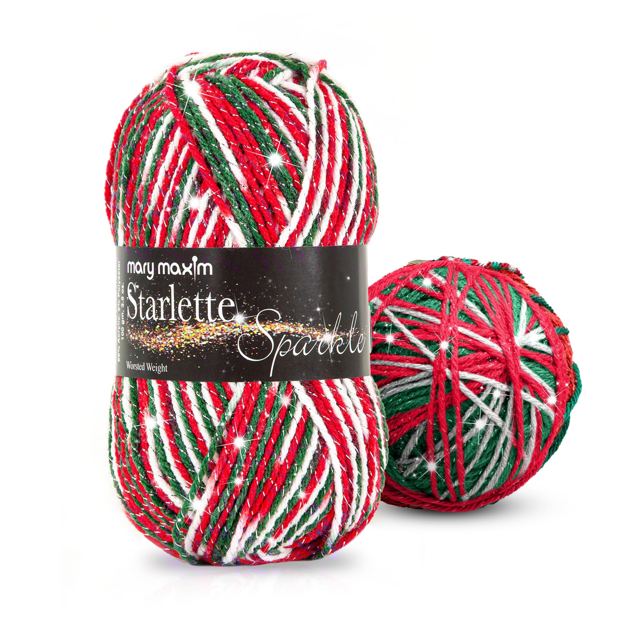 Mary Maxim Starlette Sparkle Yarn, 4 Medium Worsted Weight Yarn for Knitting and Crocheting, Acrylic Polyester Blend for Blankets, Clothing, and Decor, 196 Yards Christmas