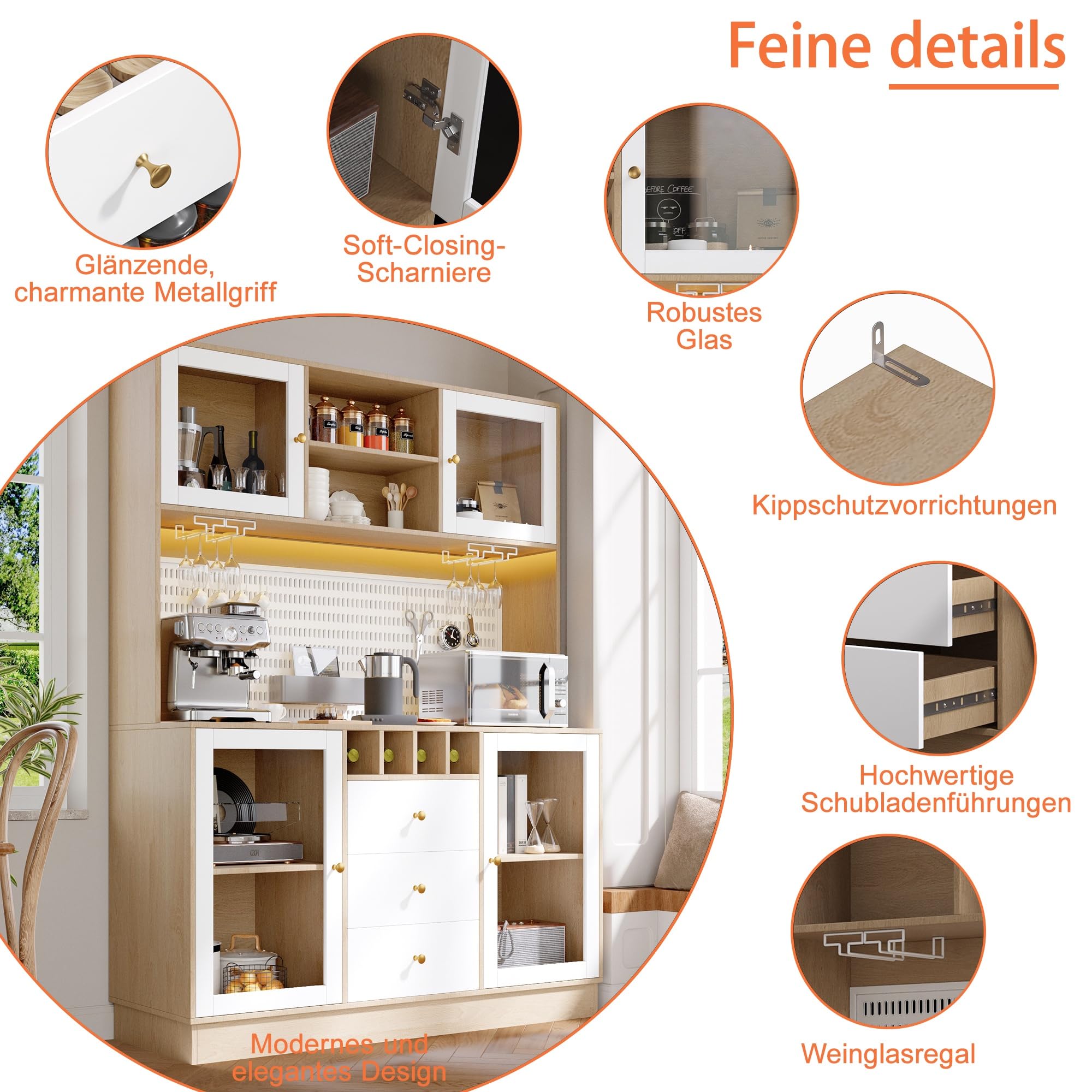 Hochschrank, Küchenschrank mit Smart LED Beleuchtung, fürs Wohnzimmer, Seitenschrank mit Weinregal und Kippsicherung, Verstellbare Einbauregale, Weiß