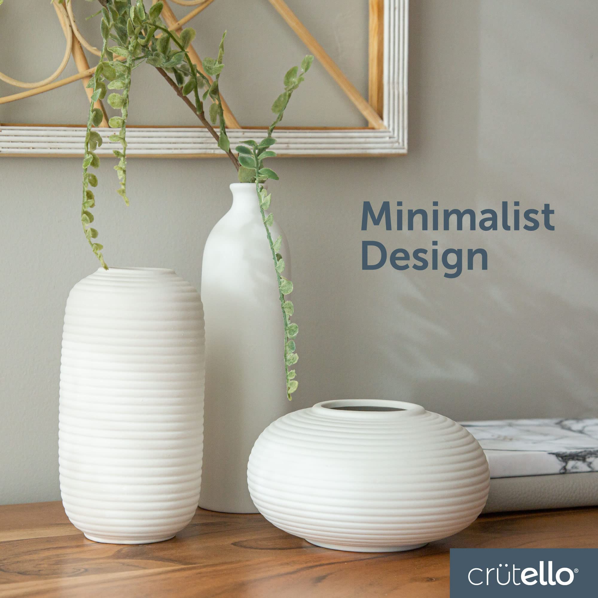 Crutello Keramikvasen-Set – Set mit 3 kleinen weißen Vasen – perfekt für Wohnzimmer, Küche, Bücherregal oder Eingangsdekoration