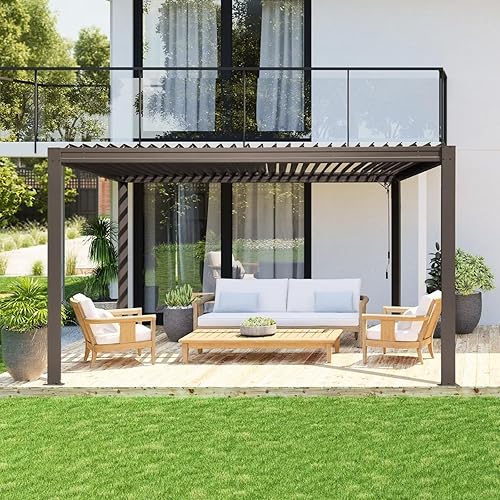 Domi Outdoor Louvered Pergola 10x13FT with Adjustable Steel Roof, Outdoor Aluminum Frame Rainproof Pergola for Backyard, Garden and Lawn,Brown
