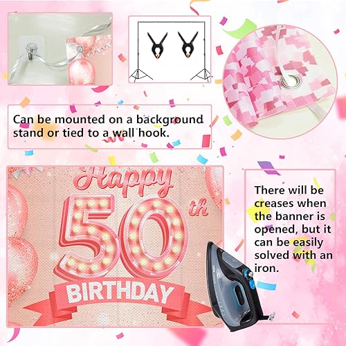 Miniatura 5 de Cartel de oro rosa con texto en inglés "Happy 50th Birthday", globos de confeti, decoración temática para mujeres de 50 años, suministros de fiesta