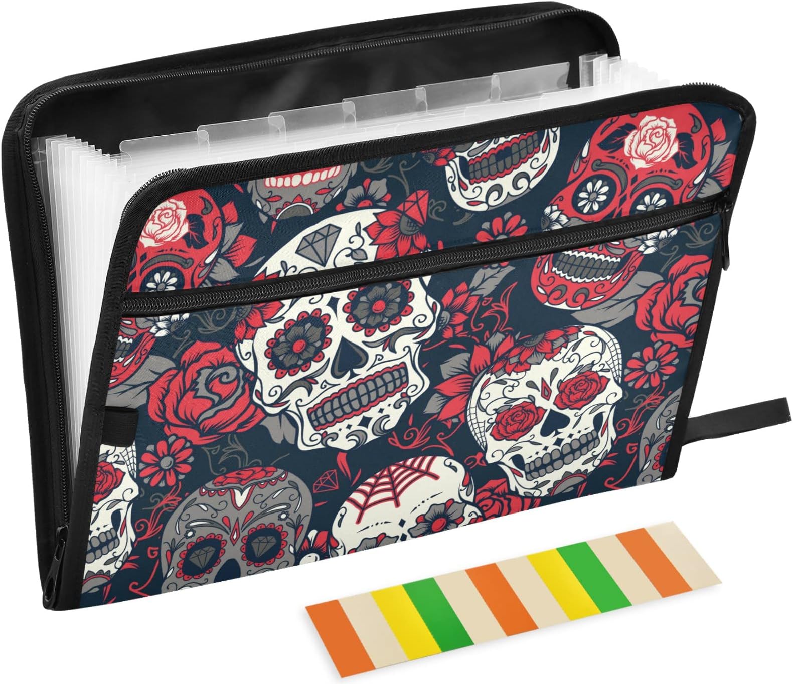 Sugar Skull Rose Flower 13 Pockets Expanding File Folder with Sticky Labels Accordion File Folder Document Organizer Letter Size A4 Papers Expandable File Keeper