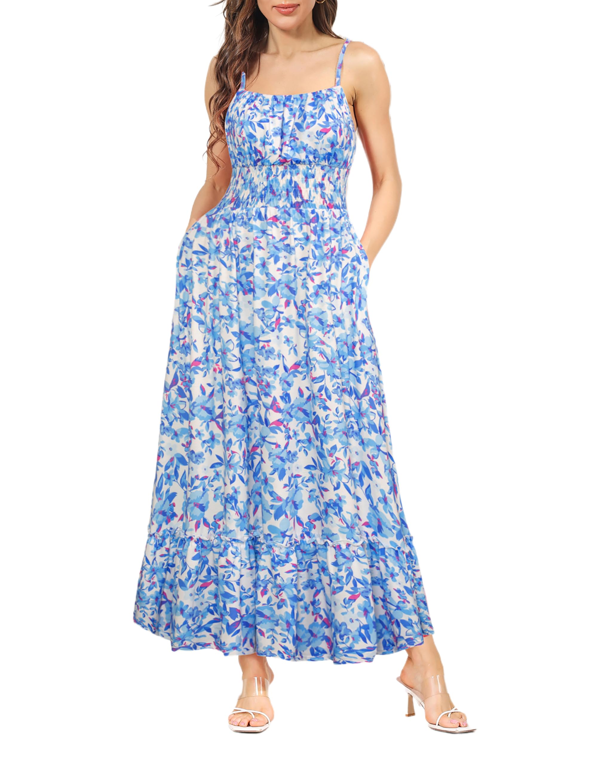 GRACE KARIN Vestido Mujer Estampado Floral de Tirantes Finos con Plisada Espalda