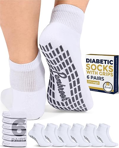 Calcetines de tobillo para diabéticos para hombres y mujeres con empuñaduras  6 pares de calcetines de 14 de largo ancho antideslizantes para