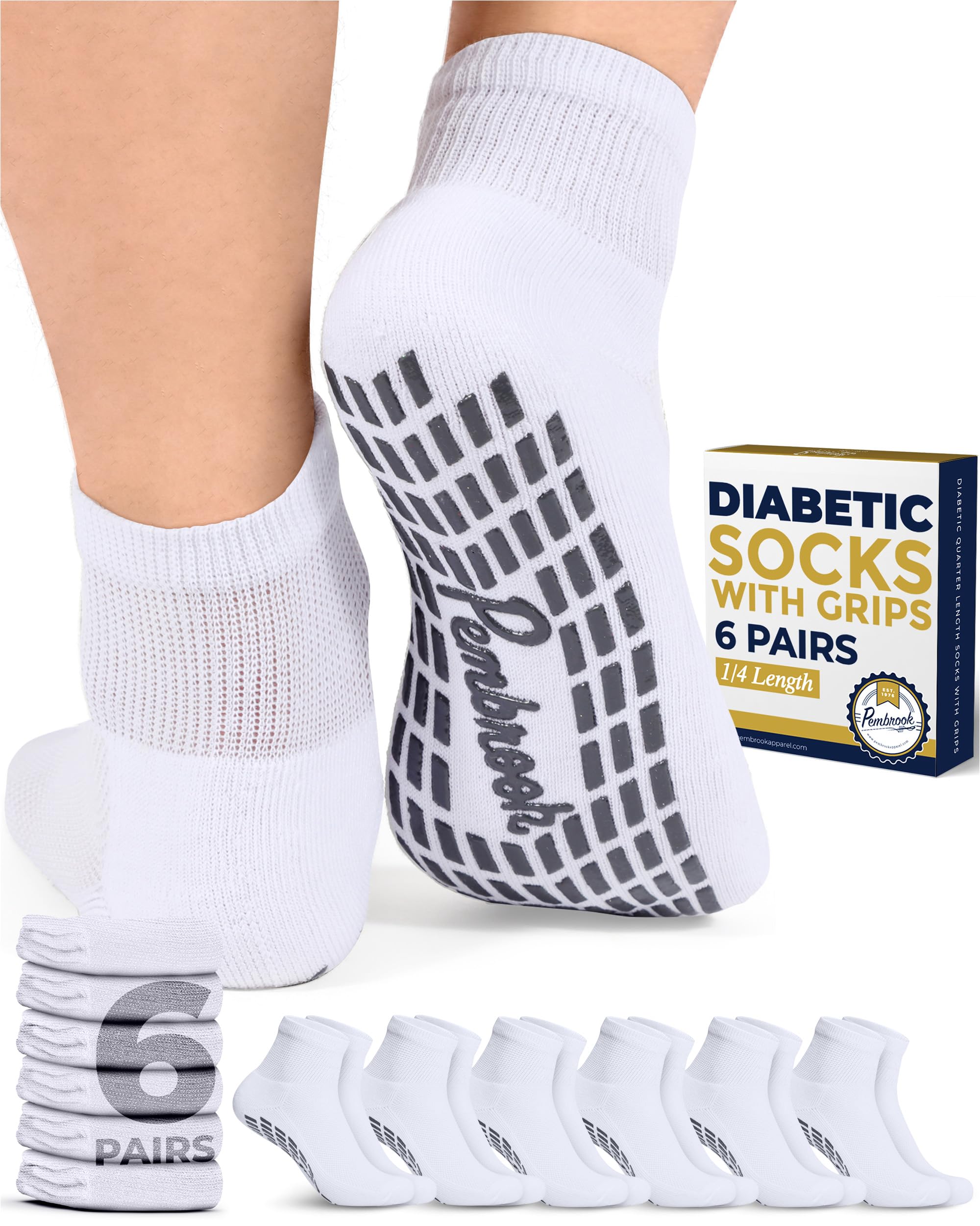 Pembrook 6 Pairs Diabetic Ankle Socks for Men & Women with Grips - 12 Colors Neuropathy Socks for Men | Non Slip | EdemaOEKO-TEX STANDARD 100
