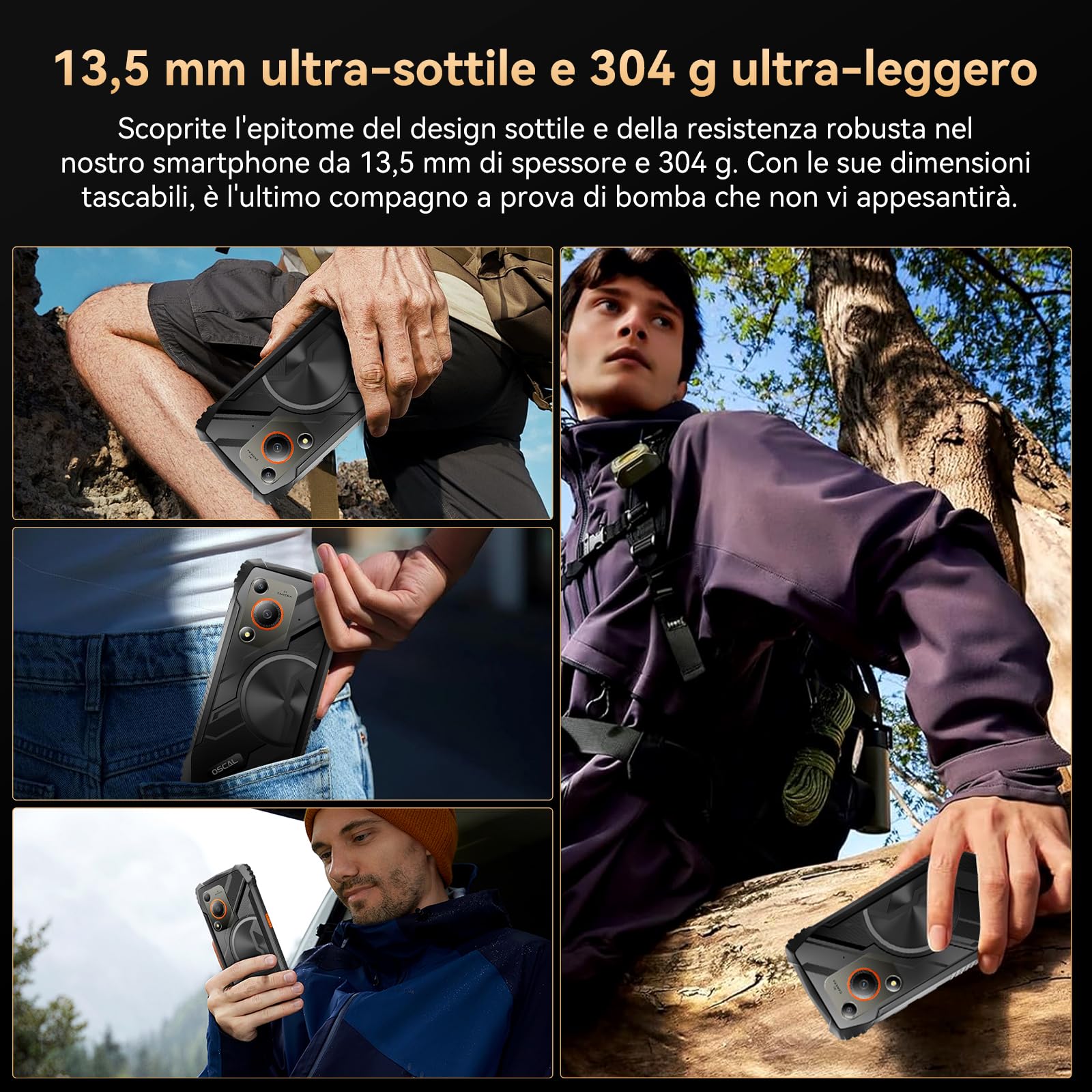 OSCAL MARINE 1 Rugged Smartphone Android 15, 12GB+128GB/2TB Telefono Indistruttibile, 6.56''HD+ 90Hz Telefono Antiurto, AI 16MP+8MP, 13,5 mm leggero IP68/IP69K/3 Slot/NFC/Face ID/OTG/GPS Nero