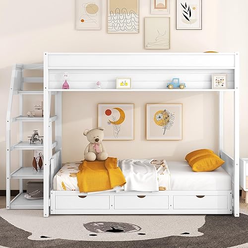 Miniatura 4 de Literas tipo futón de tamaño matrimonial sobre tamaño matrimonial con escaleras y cajones de almacenamiento, base de cama convertible de madera con