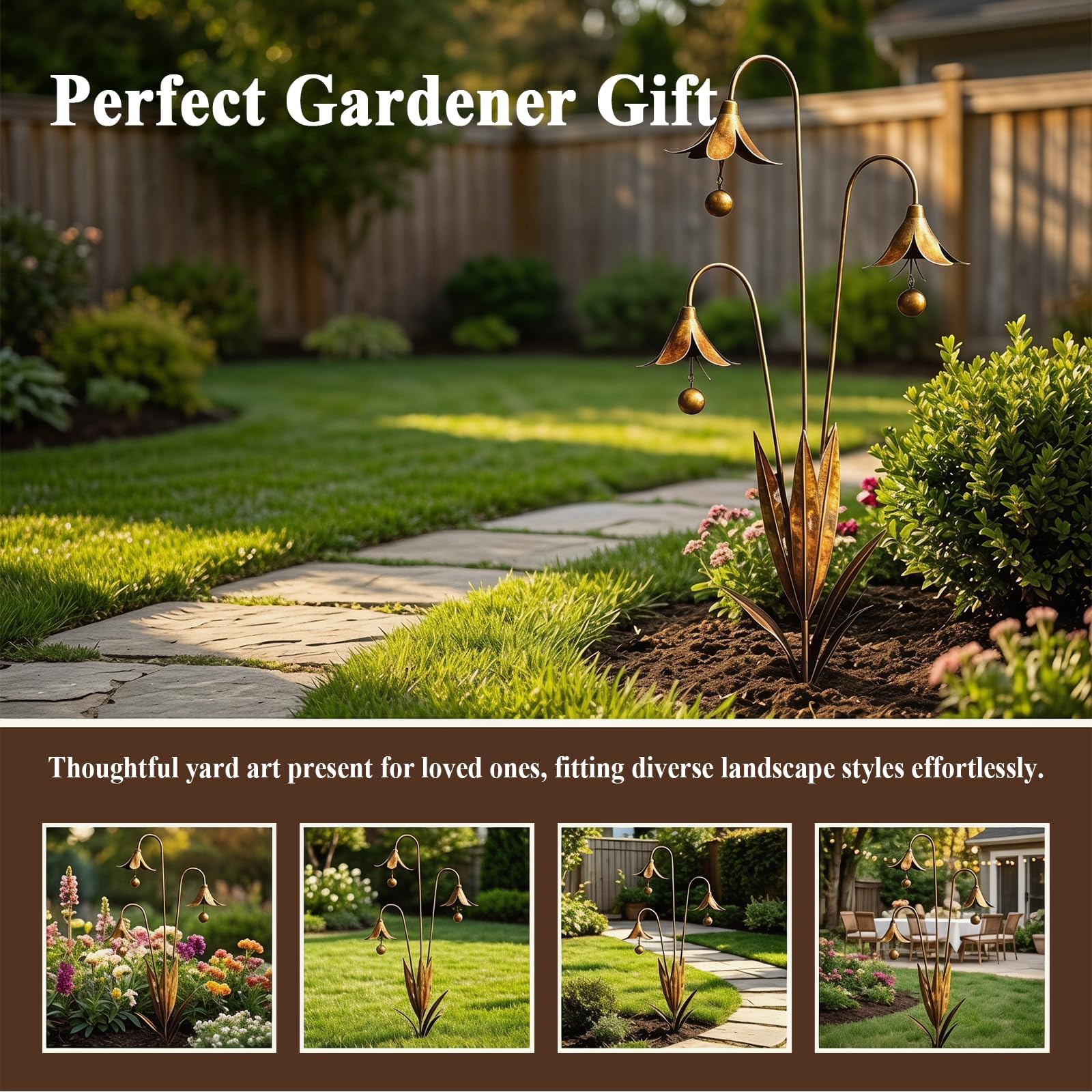 Gartenstecker aus geflammtem Kupfer mit DREI Calla-lilien und glöckchen, regenfänger, pflanzenskulptur aus Metall-Blume, rustikale Windspiel für Rasen, terrasse und Garten (B*2)