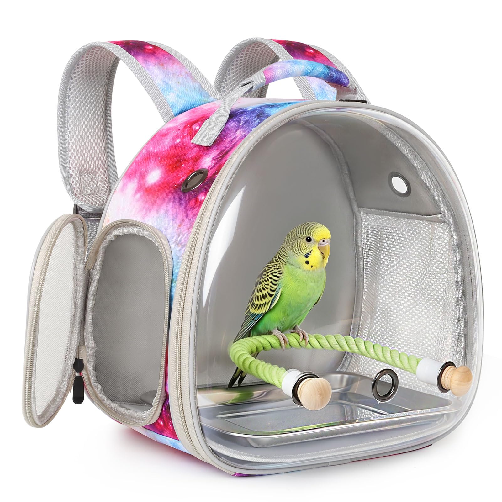 Small Bird Travel Carrier Backpack for Parakeet, Budgies, Cockatiel, Conure, with Clear Windows, Galaxy Print