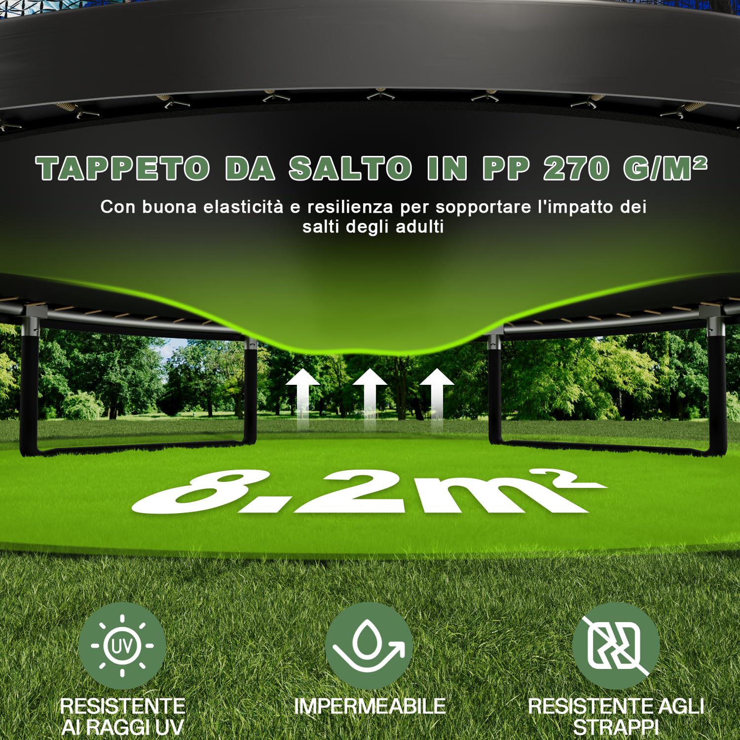 Flamaker Trampolino da giardino per bambini, diametro 366/427 cm, con rete, ancoraggio a terra, struttura stabile, resistente alle intemperie e antiruggine, trampolino da esterno per bambini e adulti