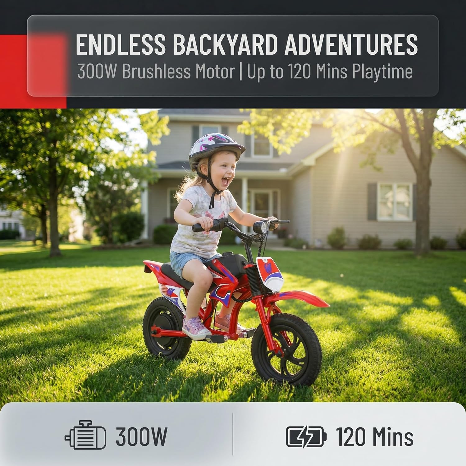 Windseeker Electric Dirt Bike for Kids Ages 3-6, 300W Brushless Motor Mini Motorcycle with 120 Min Ride Time, 3-Speed LCD Display, Moto Sound, 12-Inch Off-Road Tires, 9.94 MPH Safe Speed