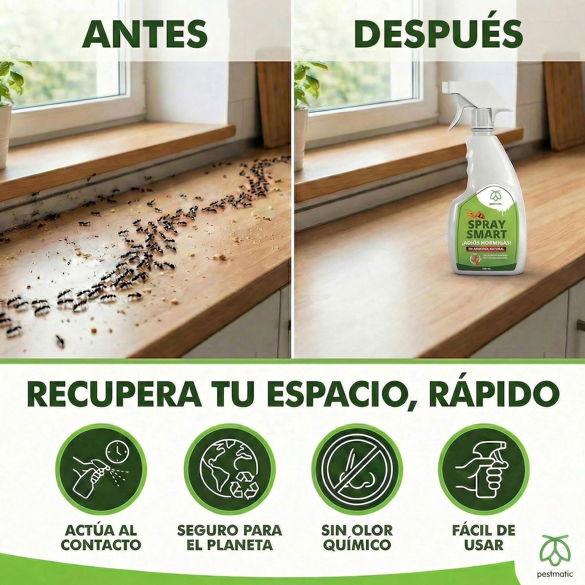 Pestmatic® Spray Antihormigas | Anti Hormigas Interior de Casa y Antihormigas Exterior | Repelente Hormigas Apto Mascotas | Barrera Líquida que Lava y Elimina Físicamente sin Insecticida ni Veneno