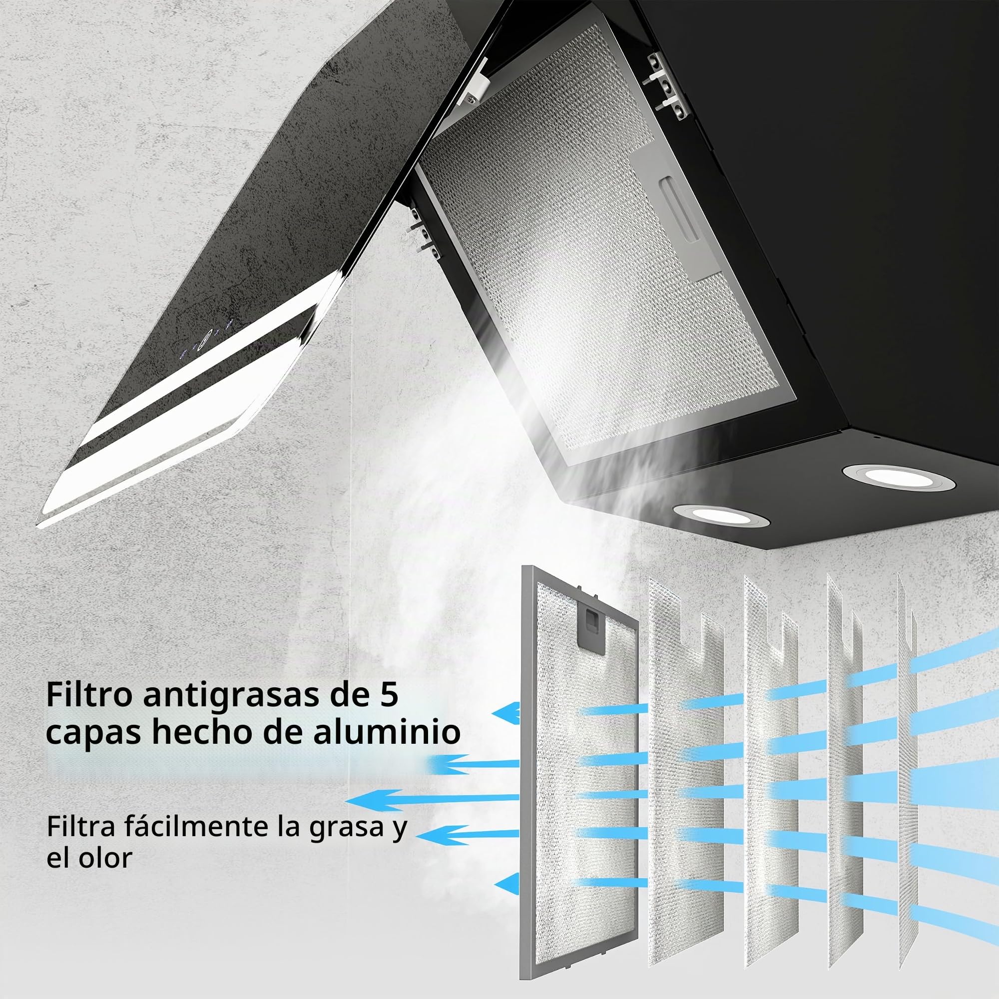 FIREGAS Campana extractora 60cm, Extractor inclinado, Motor sin escobillas, Bajo Consumo, 9 velocidades, 578m³/h, LEDs, Recirculante y Extracción, Incluye filtro de carbón