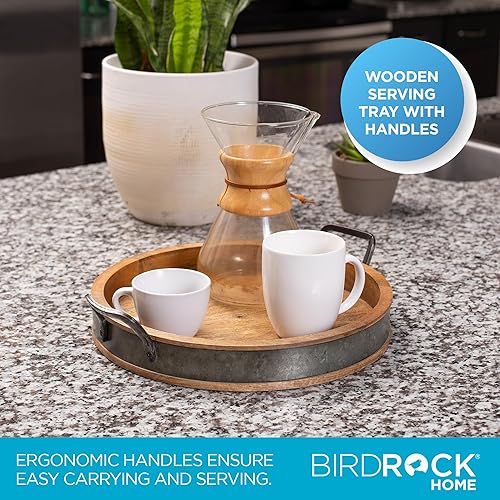Miniatura 4 de BIRDROCK HOME Bandeja redonda grande de madera para servir con asas y detalles de hierro, bandeja redonda para sala de estar, cocina, decoración de