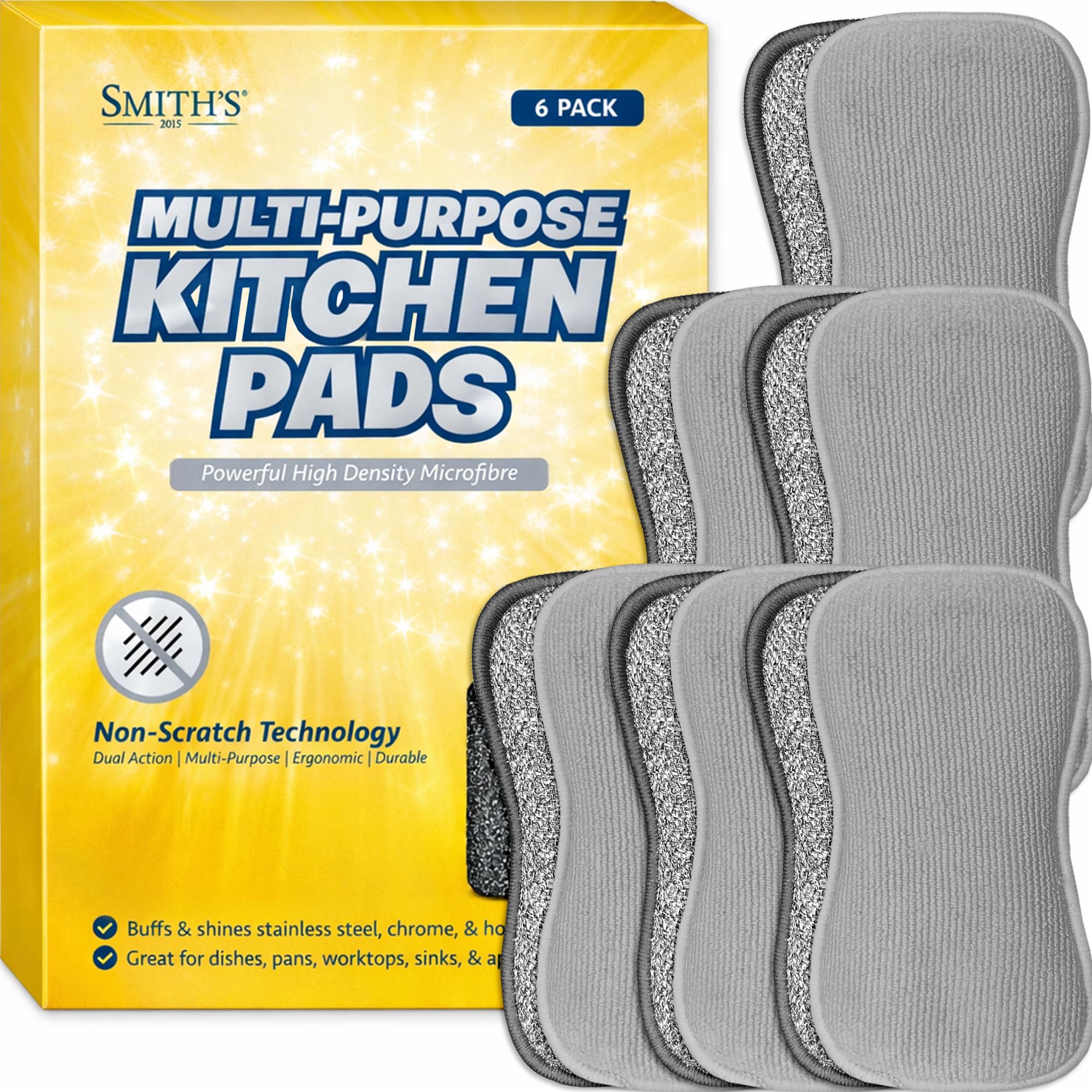 Smith's 2015 Grey Multi-Purpose Kitchen Pads By Smith’s® | | 6 Pack | Washing Up Dishes & Multi-Surface Scrub Sponges | Kitchen & Home | Non-Scratch | Durable | Chemical Free