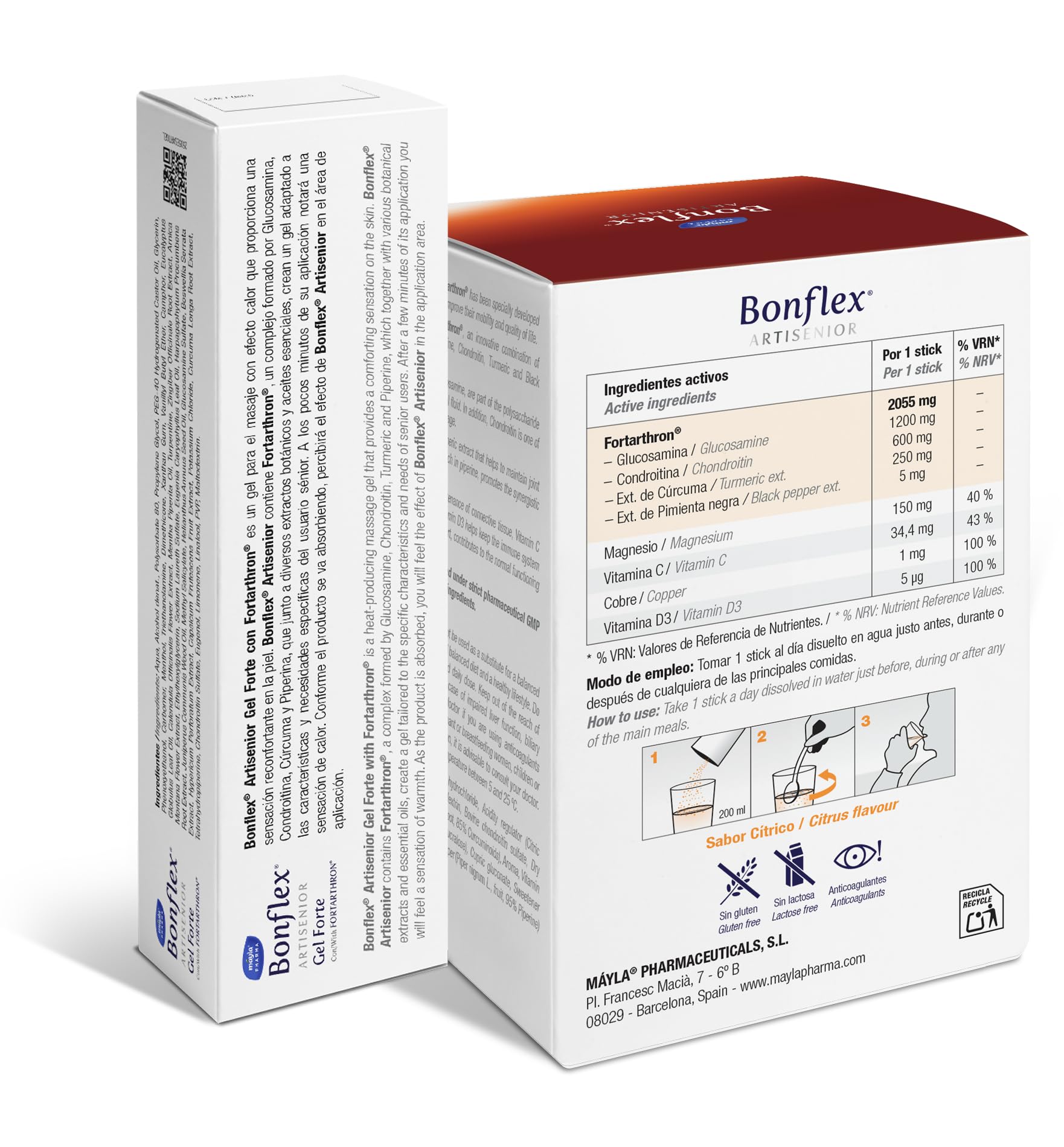 PACK BONFLEX® SENIOR - Artisenior Stick + Gel 60ML | Mejora el cuidado articular de personas en edad senior | Fórmula única con Fortarthron™ | 1 Stick al día Sabor Naranja| Gel Efecto Calor