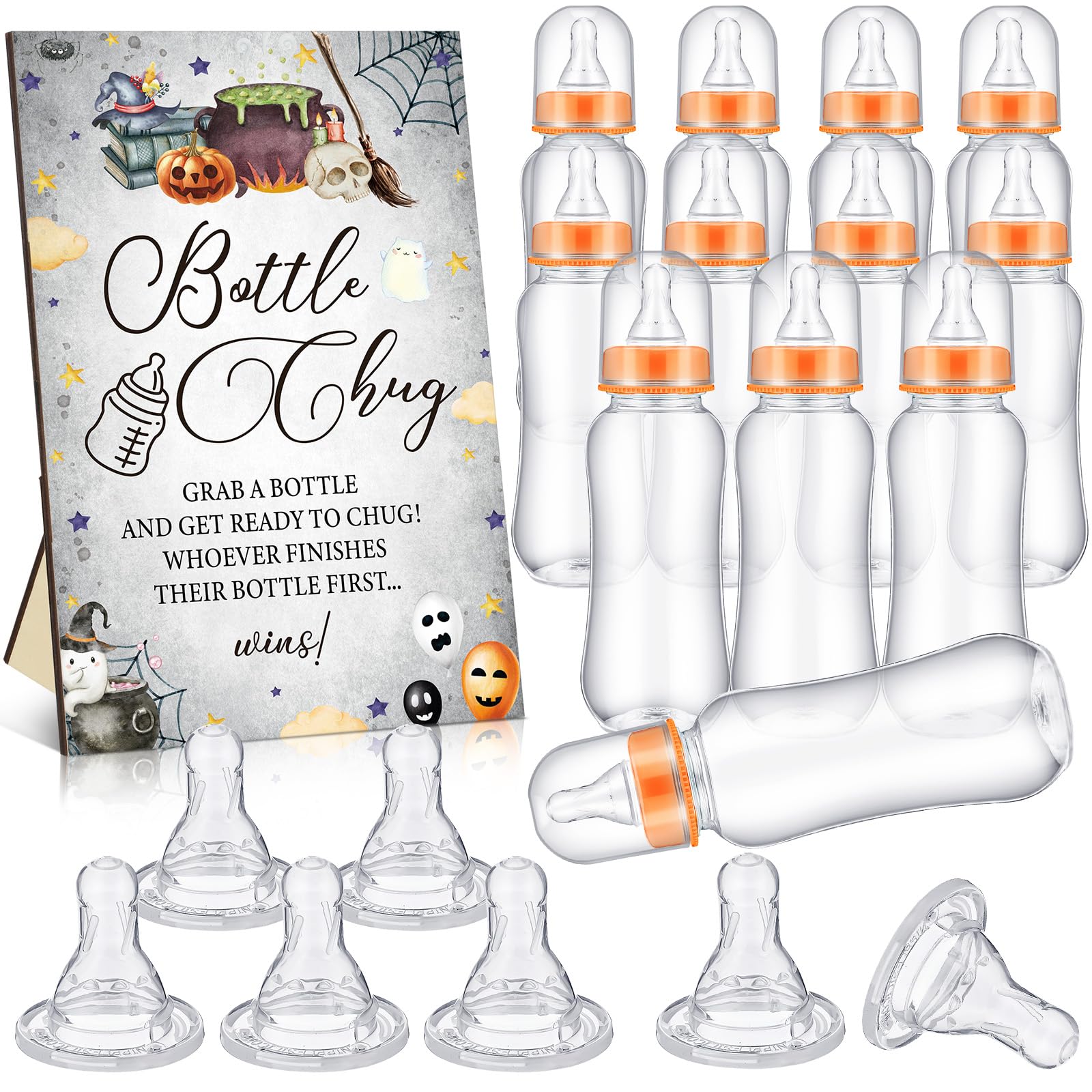 Trelaco 12 Pcs Halloween Baby Shower Game Bottle Chug Wooden Sign